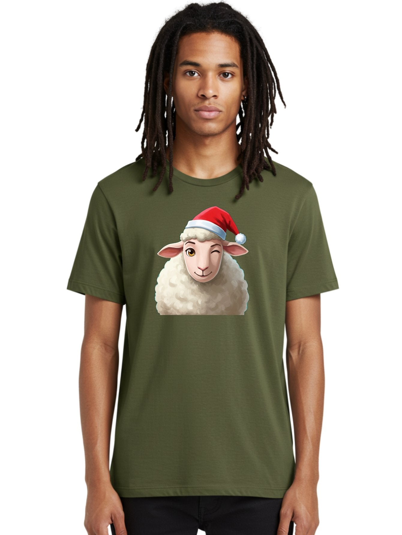 Sheep-In-Santa-Hat-1 Men'S Graphic Tee, 100% Cotton, Comfortable Casual Summer Wear, Machine Washable, Cartoon Sheep, Santa Hat, Christmas Character, Festive Animal, Holiday Cheer, Fluffy Sheep, Merry Christmas, Winter Wonderland, Funny Sheep Bad549 29