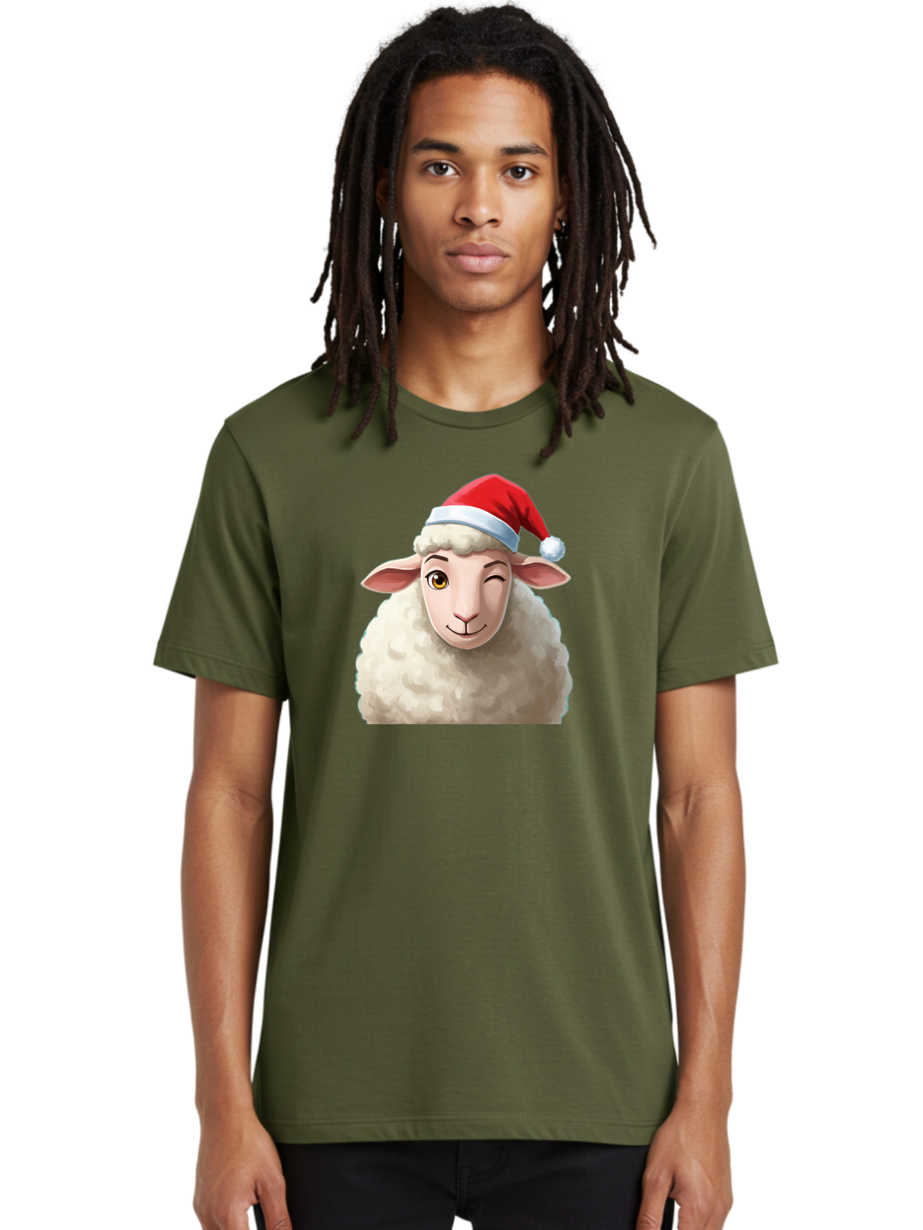 Sheep-In-Santa-Hat-1 Men'S Graphic Tee, 100% Cotton, Comfortable Casual Summer Wear, Machine Washable, Cartoon Sheep, Santa Hat, Christmas Character, Festive Animal, Holiday Cheer, Fluffy Sheep, Merry Christmas, Winter Wonderland, Funny Sheep Bad549 17
