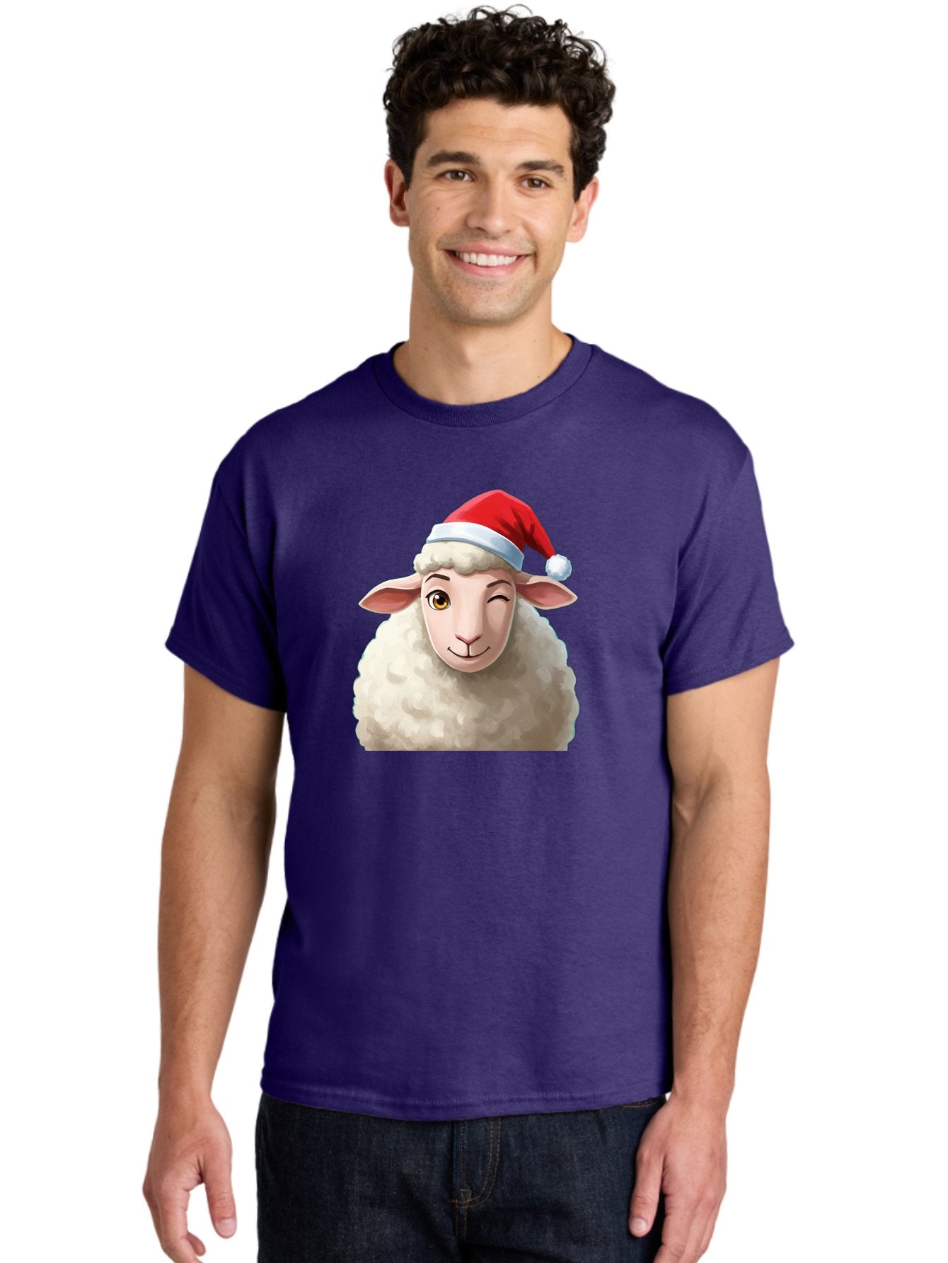 Sheep-In-Santa-Hat-1 Men'S Graphic Tee, 100% Cotton, Comfortable Casual Summer Wear, Machine Washable, Cartoon Sheep, Santa Hat, Christmas Character, Festive Animal, Holiday Cheer, Fluffy Sheep, Merry Christmas, Winter Wonderland, Funny Sheep Bad549 27