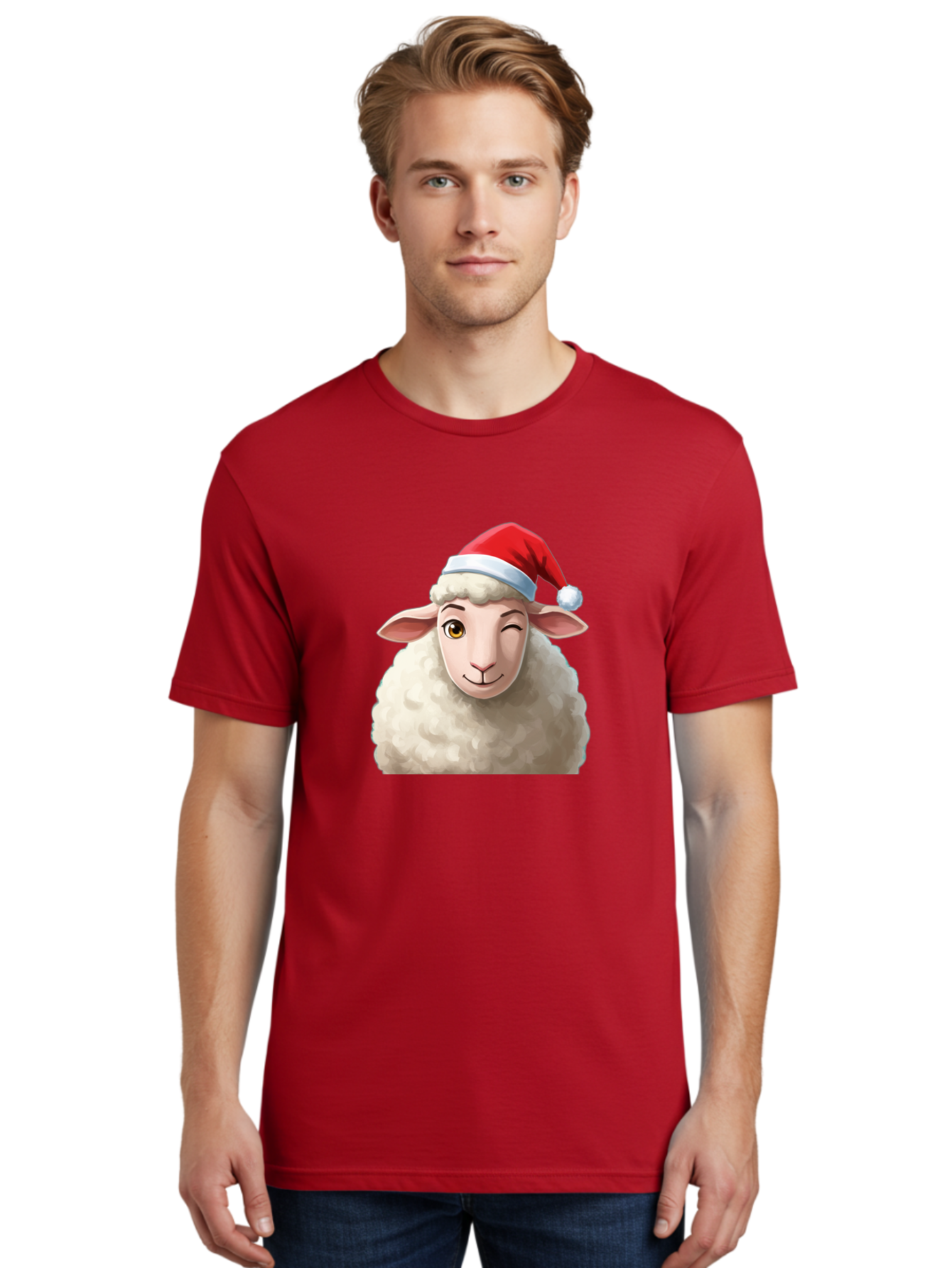 Sheep-In-Santa-Hat-1 Men'S Graphic Tee, 100% Cotton, Comfortable Casual Summer Wear, Machine Washable, Cartoon Sheep, Santa Hat, Christmas Character, Festive Animal, Holiday Cheer, Fluffy Sheep, Merry Christmas, Winter Wonderland, Funny Sheep Bad549 30