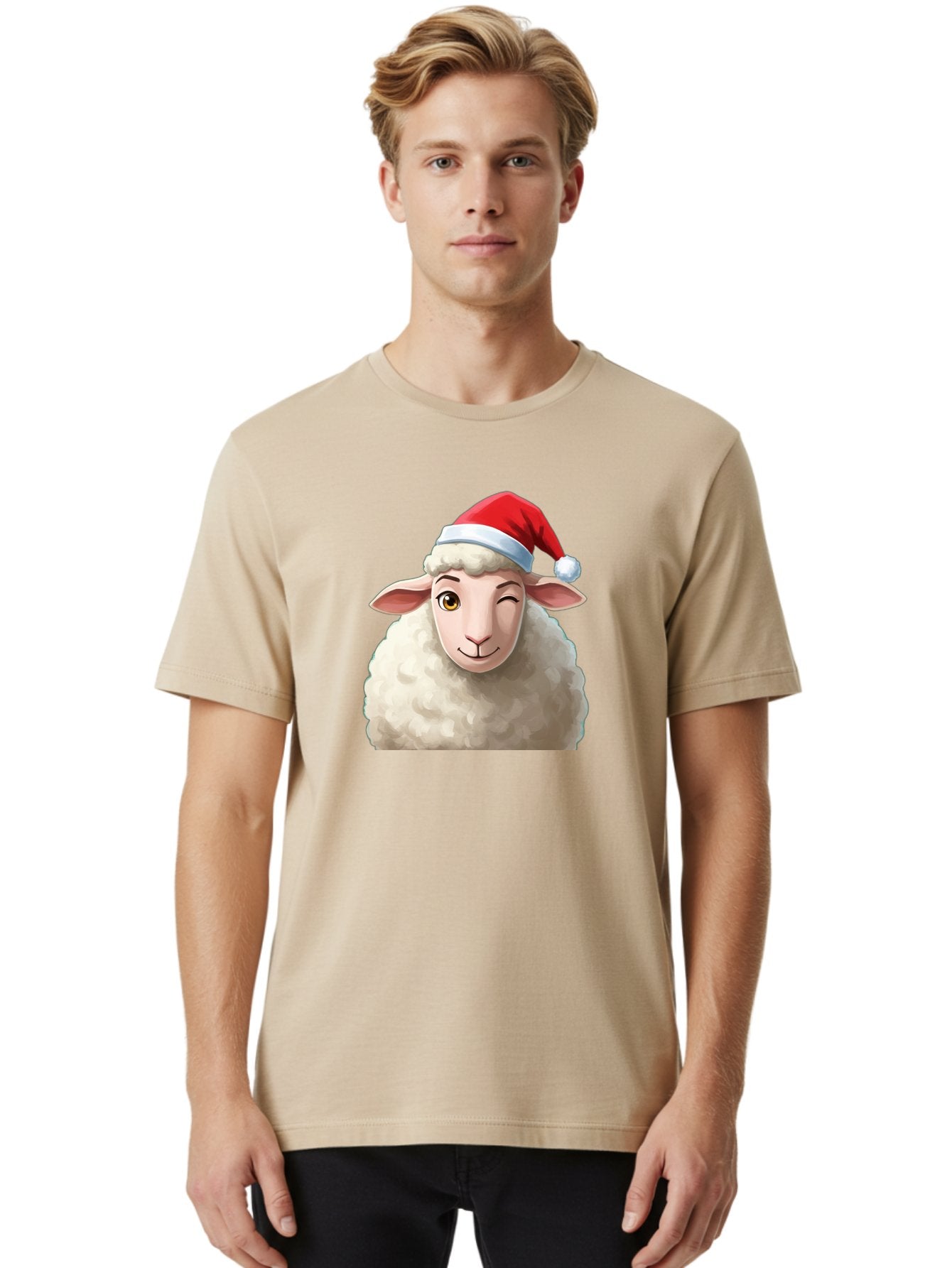 Sheep-In-Santa-Hat-1 Men'S Graphic Tee, 100% Cotton, Comfortable Casual Summer Wear, Machine Washable, Cartoon Sheep, Santa Hat, Christmas Character, Festive Animal, Holiday Cheer, Fluffy Sheep, Merry Christmas, Winter Wonderland, Funny Sheep Bad549 16