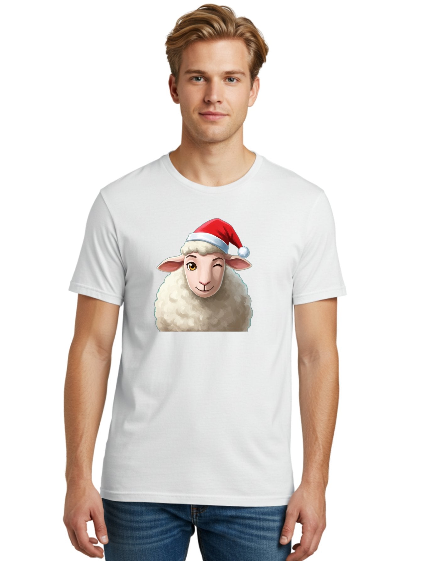 Sheep-In-Santa-Hat-1 Men'S Graphic Tee, 100% Cotton, Comfortable Casual Summer Wear, Machine Washable, Cartoon Sheep, Santa Hat, Christmas Character, Festive Animal, Holiday Cheer, Fluffy Sheep, Merry Christmas, Winter Wonderland, Funny Sheep Bad549 26