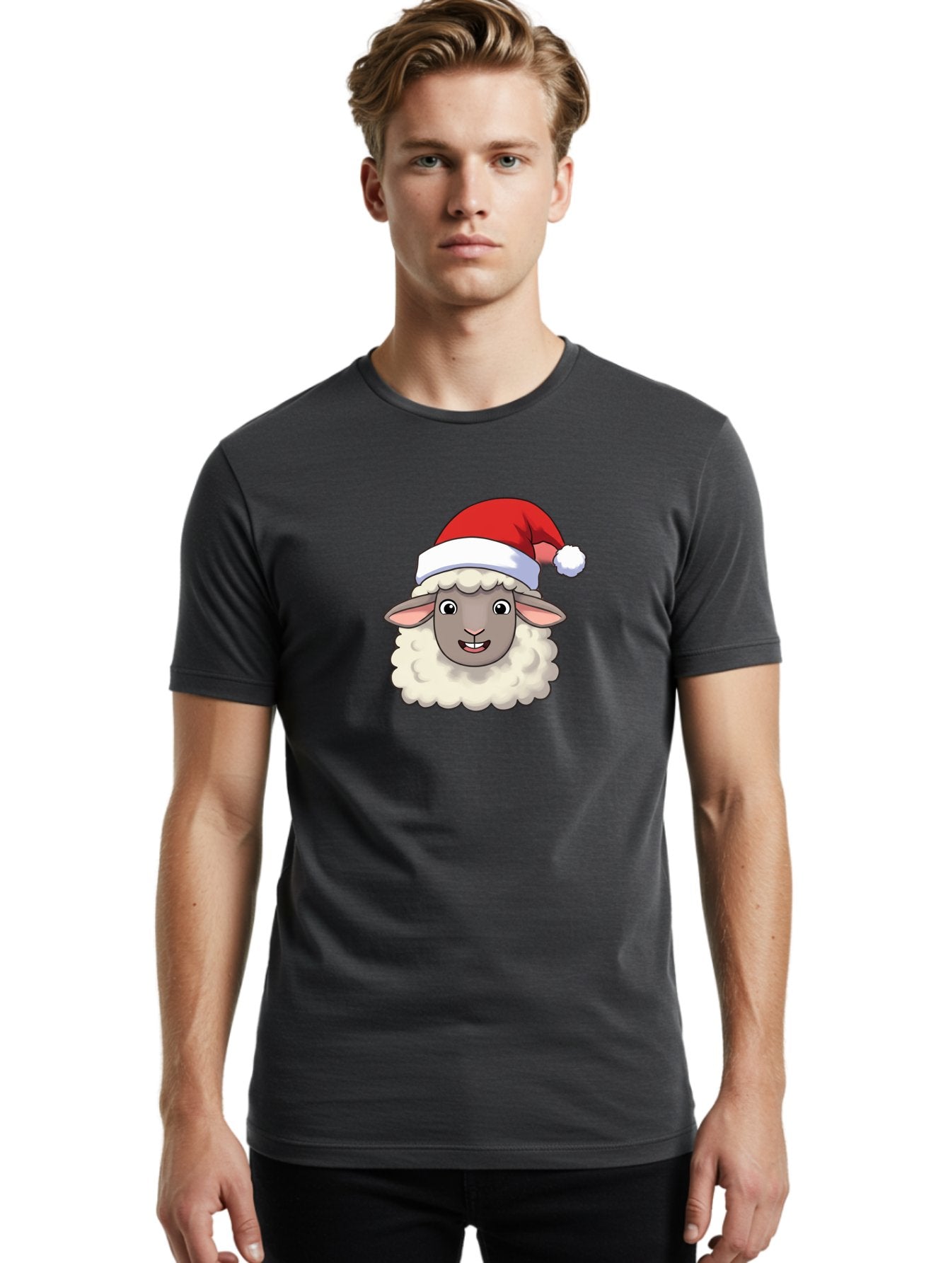Sheep-In-Santa-Hat Men'S Graphic Tee, 100% Cotton, Comfortable Casual Summer Wear, Machine Washable, Cartoon Sheep, Santa Hat, Festive Character, Holiday Cheer, Cute Animal, Fluffy Sheep, Christmas Theme, Fun Design, Playful Illustration, Bad550 16