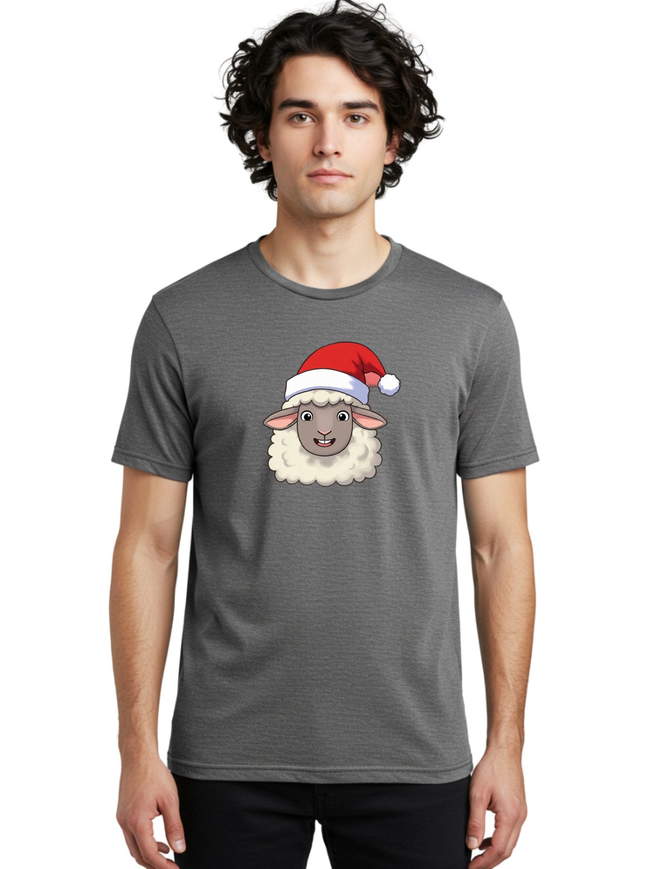 Sheep-In-Santa-Hat Men'S Graphic Tee, 100% Cotton, Comfortable Casual Summer Wear, Machine Washable, Cartoon Sheep, Santa Hat, Festive Character, Holiday Cheer, Cute Animal, Fluffy Sheep, Christmas Theme, Fun Design, Playful Illustration, Bad550 20