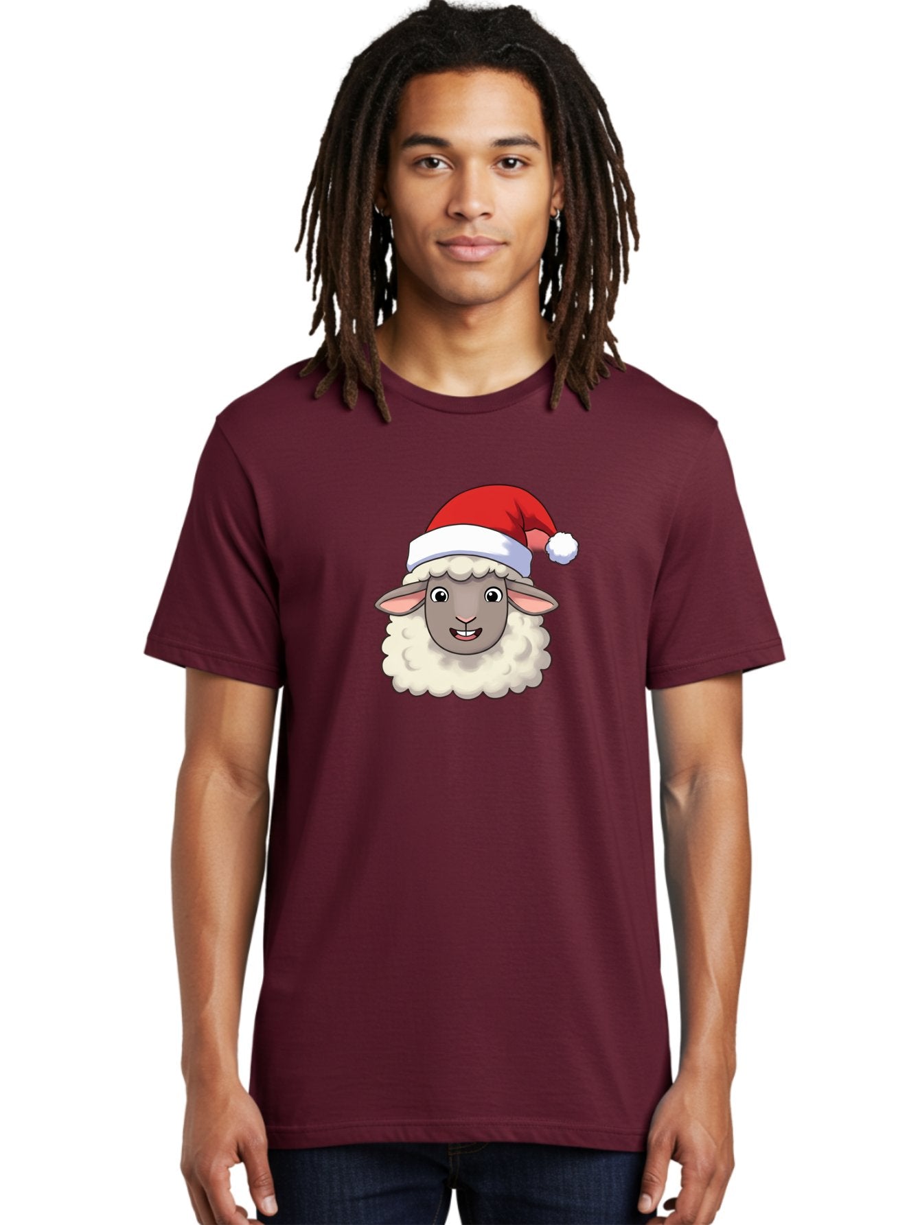 Sheep-In-Santa-Hat Men'S Graphic Tee, 100% Cotton, Comfortable Casual Summer Wear, Machine Washable, Cartoon Sheep, Santa Hat, Festive Character, Holiday Cheer, Cute Animal, Fluffy Sheep, Christmas Theme, Fun Design, Playful Illustration, Bad550 28