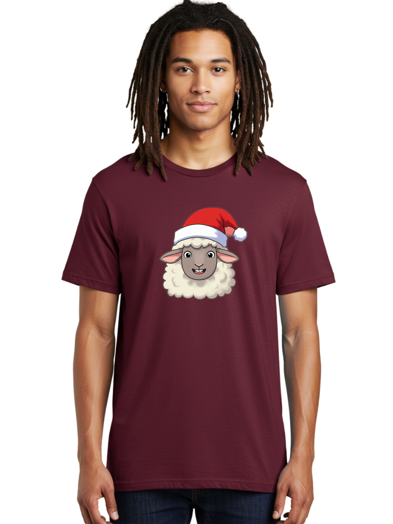 Sheep-In-Santa-Hat Men'S Graphic Tee, 100% Cotton, Comfortable Casual Summer Wear, Machine Washable, Cartoon Sheep, Santa Hat, Festive Character, Holiday Cheer, Cute Animal, Fluffy Sheep, Christmas Theme, Fun Design, Playful Illustration, Bad550 18