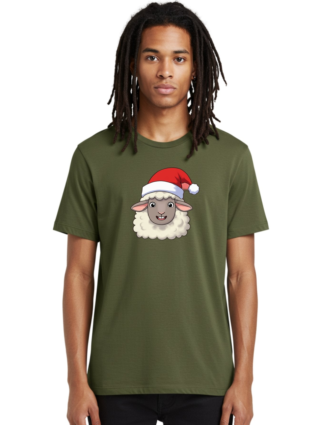 Sheep-In-Santa-Hat Men'S Graphic Tee, 100% Cotton, Comfortable Casual Summer Wear, Machine Washable, Cartoon Sheep, Santa Hat, Festive Character, Holiday Cheer, Cute Animal, Fluffy Sheep, Christmas Theme, Fun Design, Playful Illustration, Bad550 27