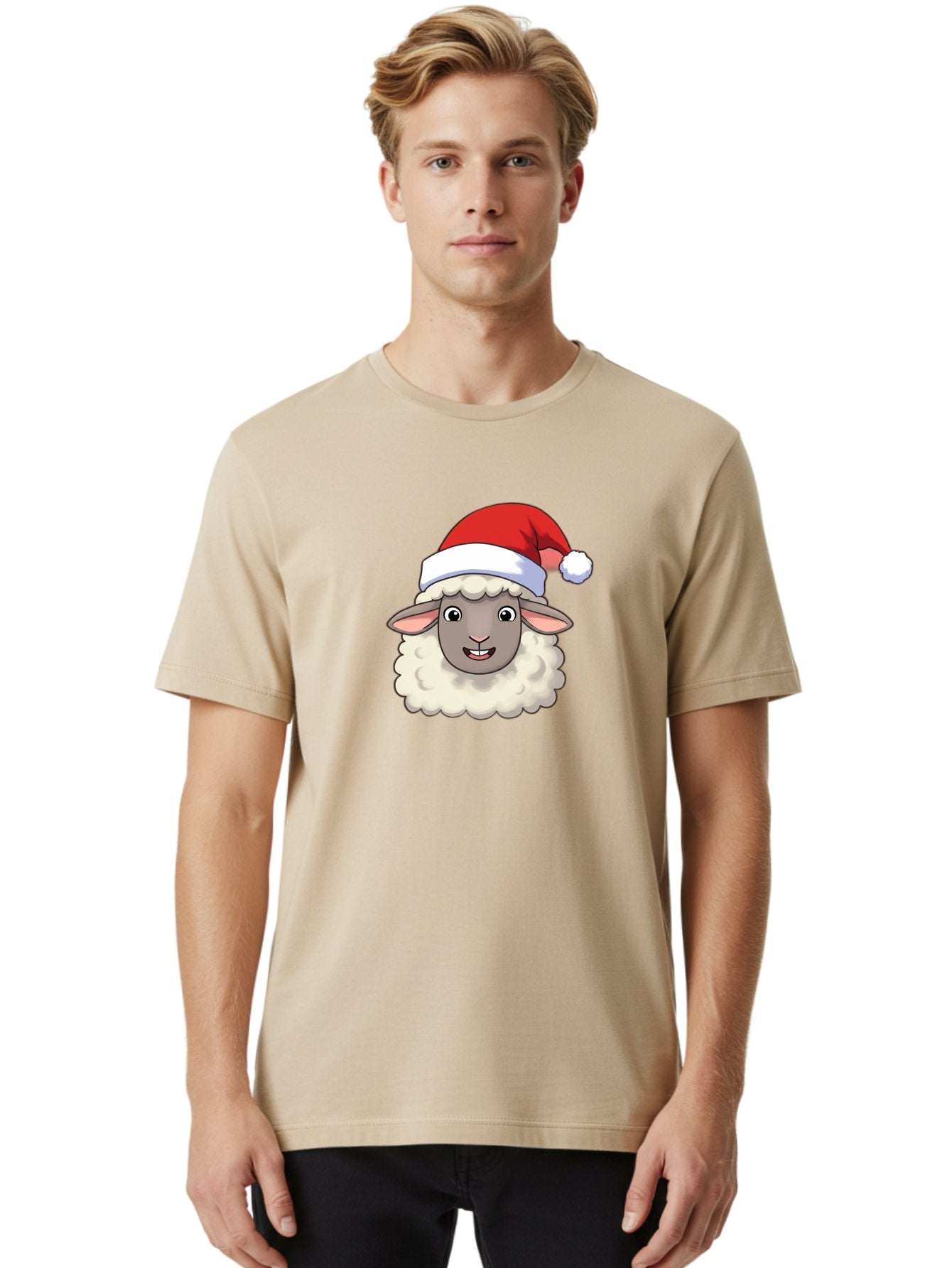 Sheep-In-Santa-Hat Men'S Graphic Tee, 100% Cotton, Comfortable Casual Summer Wear, Machine Washable, Cartoon Sheep, Santa Hat, Festive Character, Holiday Cheer, Cute Animal, Fluffy Sheep, Christmas Theme, Fun Design, Playful Illustration, Bad550 24