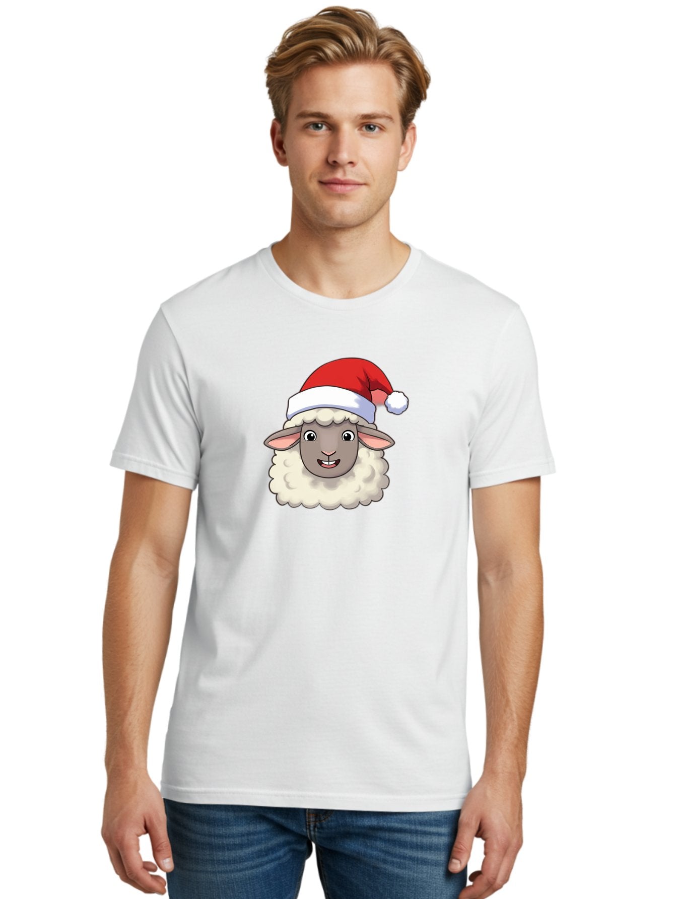 Sheep-In-Santa-Hat Men'S Graphic Tee, 100% Cotton, Comfortable Casual Summer Wear, Machine Washable, Cartoon Sheep, Santa Hat, Festive Character, Holiday Cheer, Cute Animal, Fluffy Sheep, Christmas Theme, Fun Design, Playful Illustration, Bad550 18
