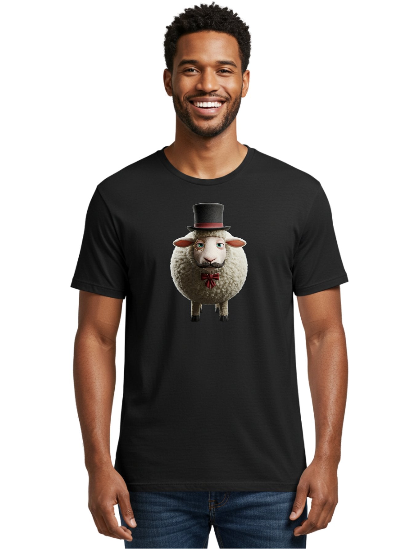 Sheep-In-Top-Hat-1 Men'S Graphic Tee, 100% Cotton, Comfortable Casual Summer Wear, Machine Washable, Sheep In A Top Hat, Cartoon Character, Funny Animal, Red Bow Tie, Black Mustache, Fluffy Sheep, Humorous Illustration, Whimsical Design, Bad552 30