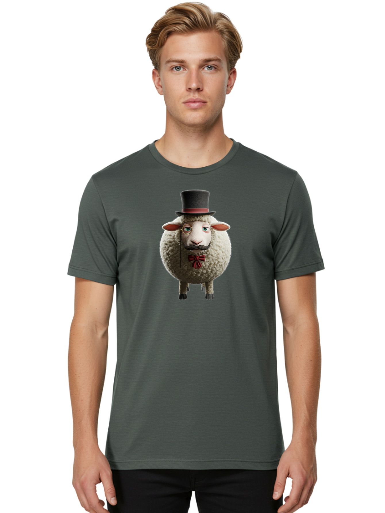 Sheep-In-Top-Hat-1 Men'S Graphic Tee, 100% Cotton, Comfortable Casual Summer Wear, Machine Washable, Sheep In A Top Hat, Cartoon Character, Funny Animal, Red Bow Tie, Black Mustache, Fluffy Sheep, Humorous Illustration, Whimsical Design, Bad552 27