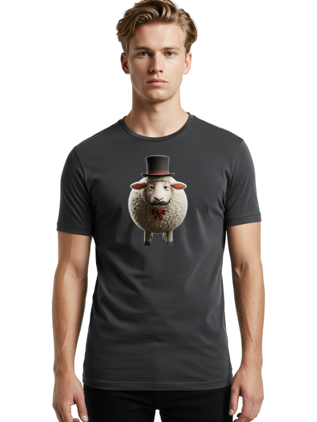 Sheep-In-Top-Hat-1 Men'S Graphic Tee, 100% Cotton, Comfortable Casual Summer Wear, Machine Washable, Sheep In A Top Hat, Cartoon Character, Funny Animal, Red Bow Tie, Black Mustache, Fluffy Sheep, Humorous Illustration, Whimsical Design, Bad552 17