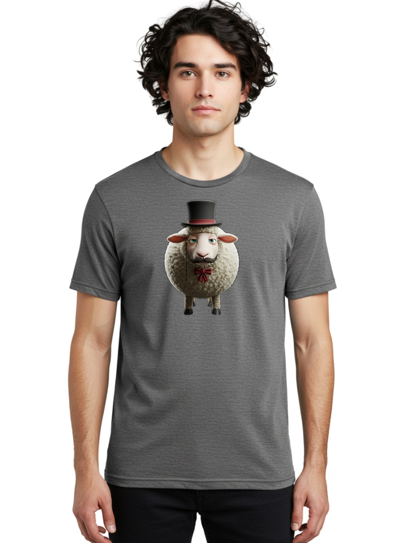 Sheep-In-Top-Hat-1 Men'S Graphic Tee, 100% Cotton, Comfortable Casual Summer Wear, Machine Washable, Sheep In A Top Hat, Cartoon Character, Funny Animal, Red Bow Tie, Black Mustache, Fluffy Sheep, Humorous Illustration, Whimsical Design, Bad552 28