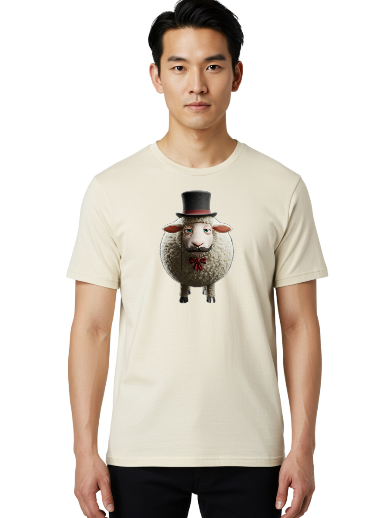 Sheep-In-Top-Hat-1 Men'S Graphic Tee, 100% Cotton, Comfortable Casual Summer Wear, Machine Washable, Sheep In A Top Hat, Cartoon Character, Funny Animal, Red Bow Tie, Black Mustache, Fluffy Sheep, Humorous Illustration, Whimsical Design, Bad552 21