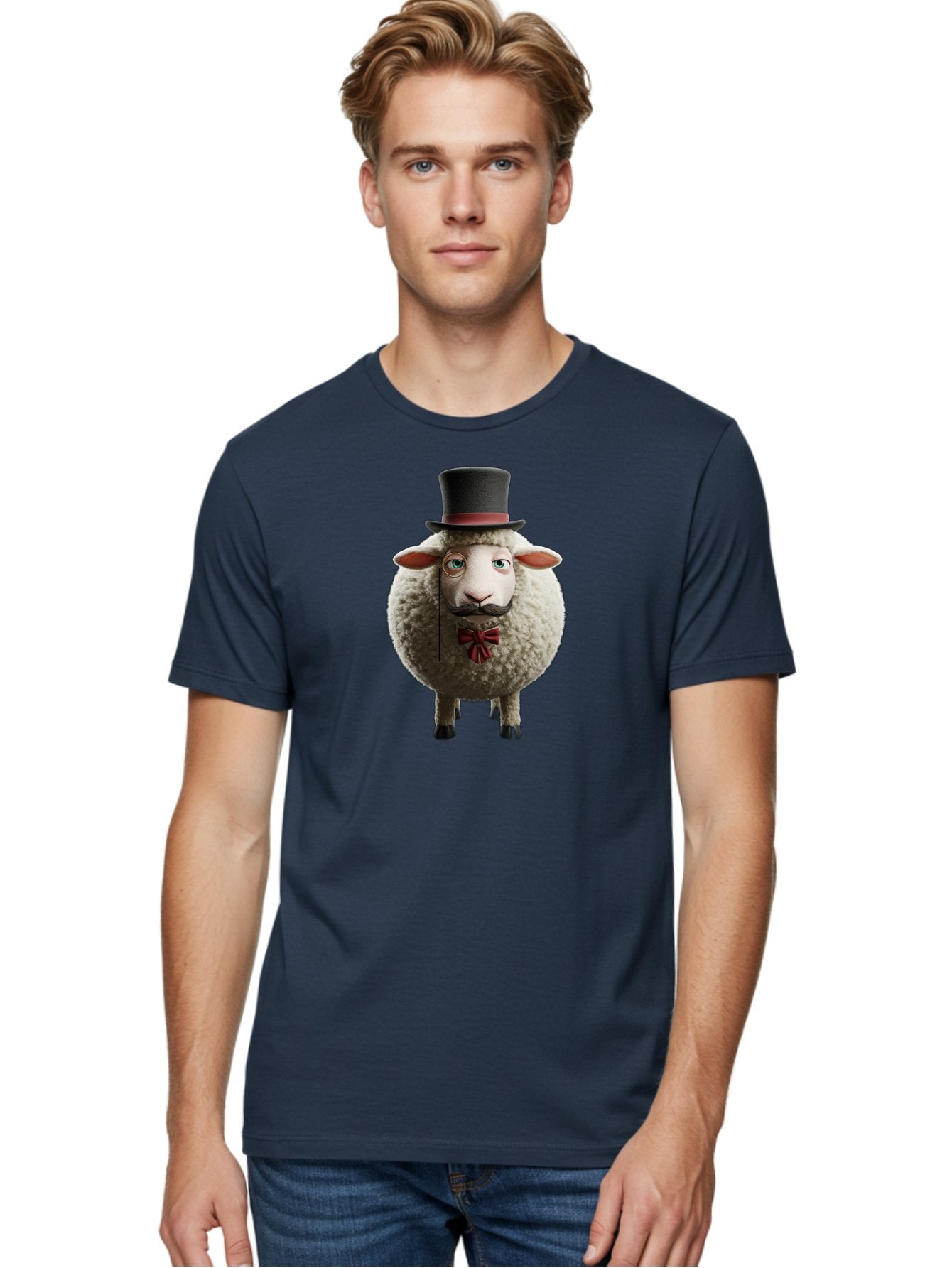 Sheep-In-Top-Hat-1 Men'S Graphic Tee, 100% Cotton, Comfortable Casual Summer Wear, Machine Washable, Sheep In A Top Hat, Cartoon Character, Funny Animal, Red Bow Tie, Black Mustache, Fluffy Sheep, Humorous Illustration, Whimsical Design, Bad552 20