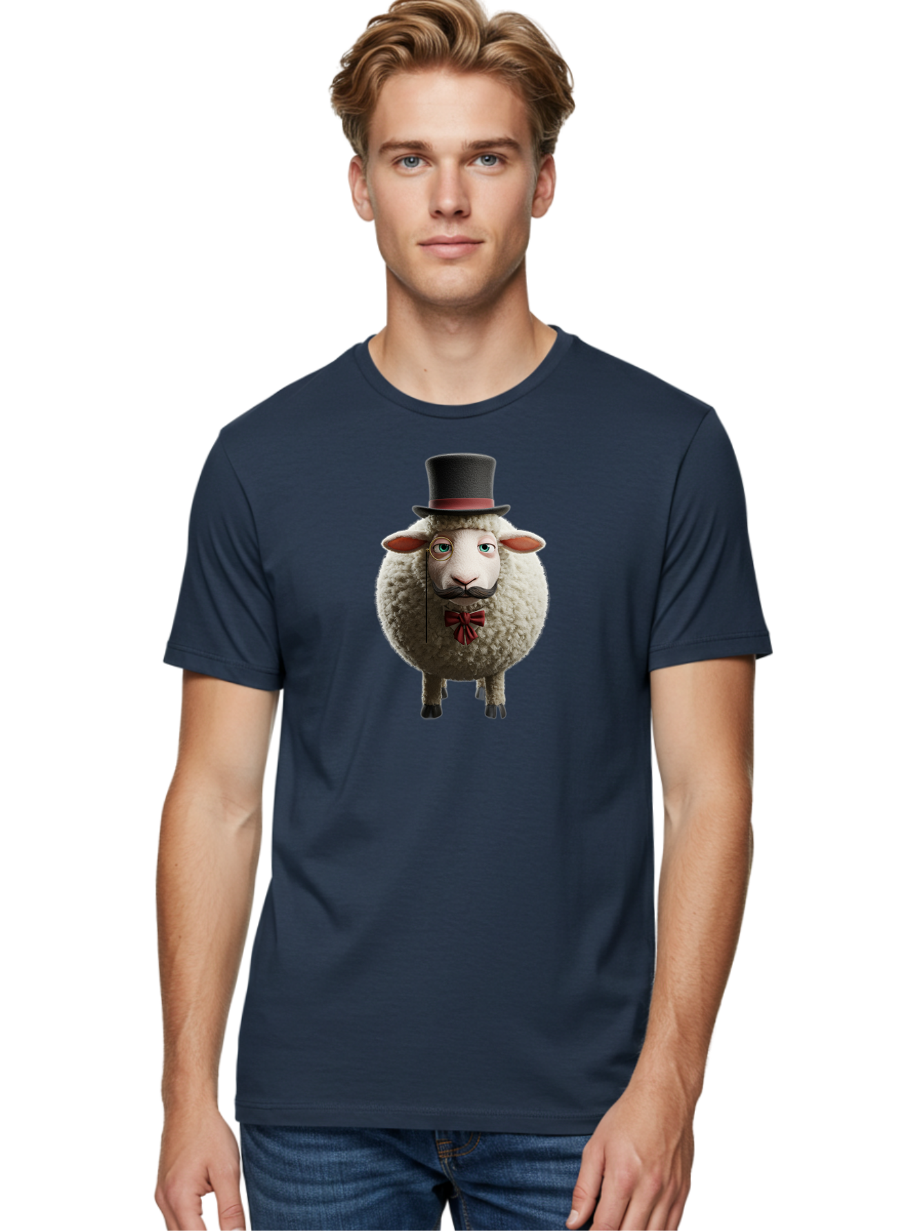 Sheep-In-Top-Hat-1 Men'S Graphic Tee, 100% Cotton, Comfortable Casual Summer Wear, Machine Washable, Sheep In A Top Hat, Cartoon Character, Funny Animal, Red Bow Tie, Black Mustache, Fluffy Sheep, Humorous Illustration, Whimsical Design, Bad552 30