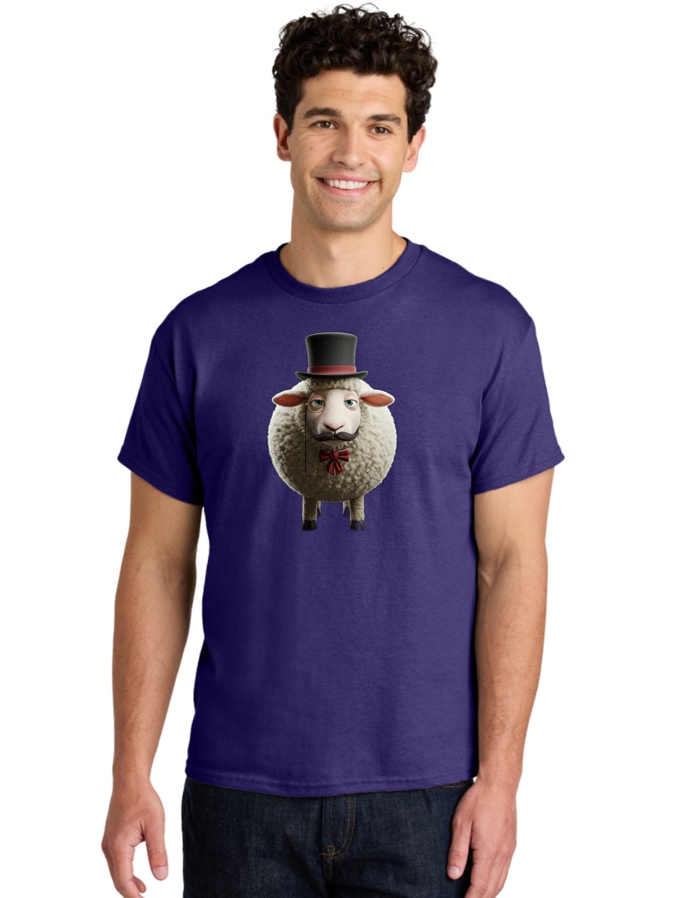 Sheep-In-Top-Hat-1 Men'S Graphic Tee, 100% Cotton, Comfortable Casual Summer Wear, Machine Washable, Sheep In A Top Hat, Cartoon Character, Funny Animal, Red Bow Tie, Black Mustache, Fluffy Sheep, Humorous Illustration, Whimsical Design, Bad552 24