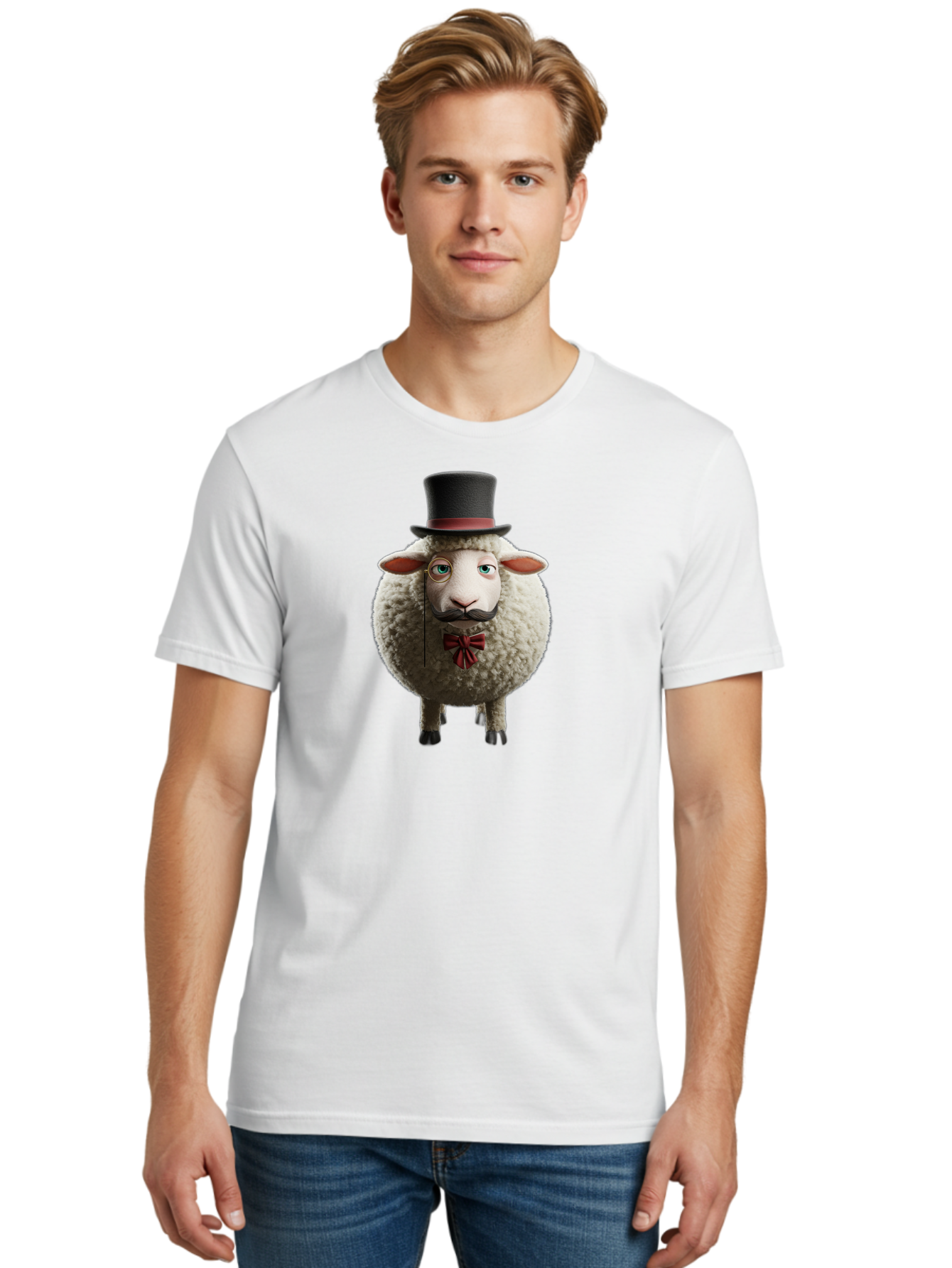 Sheep-In-Top-Hat-1 Men'S Graphic Tee, 100% Cotton, Comfortable Casual Summer Wear, Machine Washable, Sheep In A Top Hat, Cartoon Character, Funny Animal, Red Bow Tie, Black Mustache, Fluffy Sheep, Humorous Illustration, Whimsical Design, Bad552 19