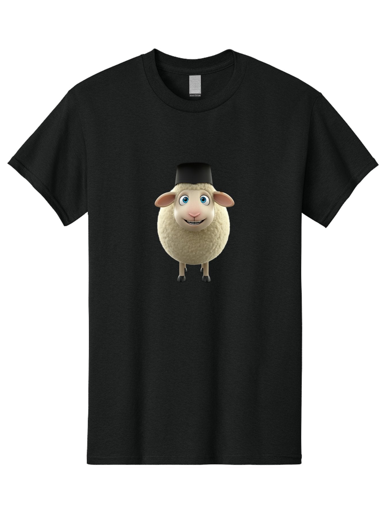 Sheep-In-Top-Hat Men'S Graphic Tee, 100% Cotton, Comfortable Casual Summer Wear, Machine Washable, Cartoon Sheep, White Sheep, Fluffy Sheep, Funny Character, Animated Animal, Lovable Sheep, Sheep Character, Blue Eyes, Black Hat Bad553
