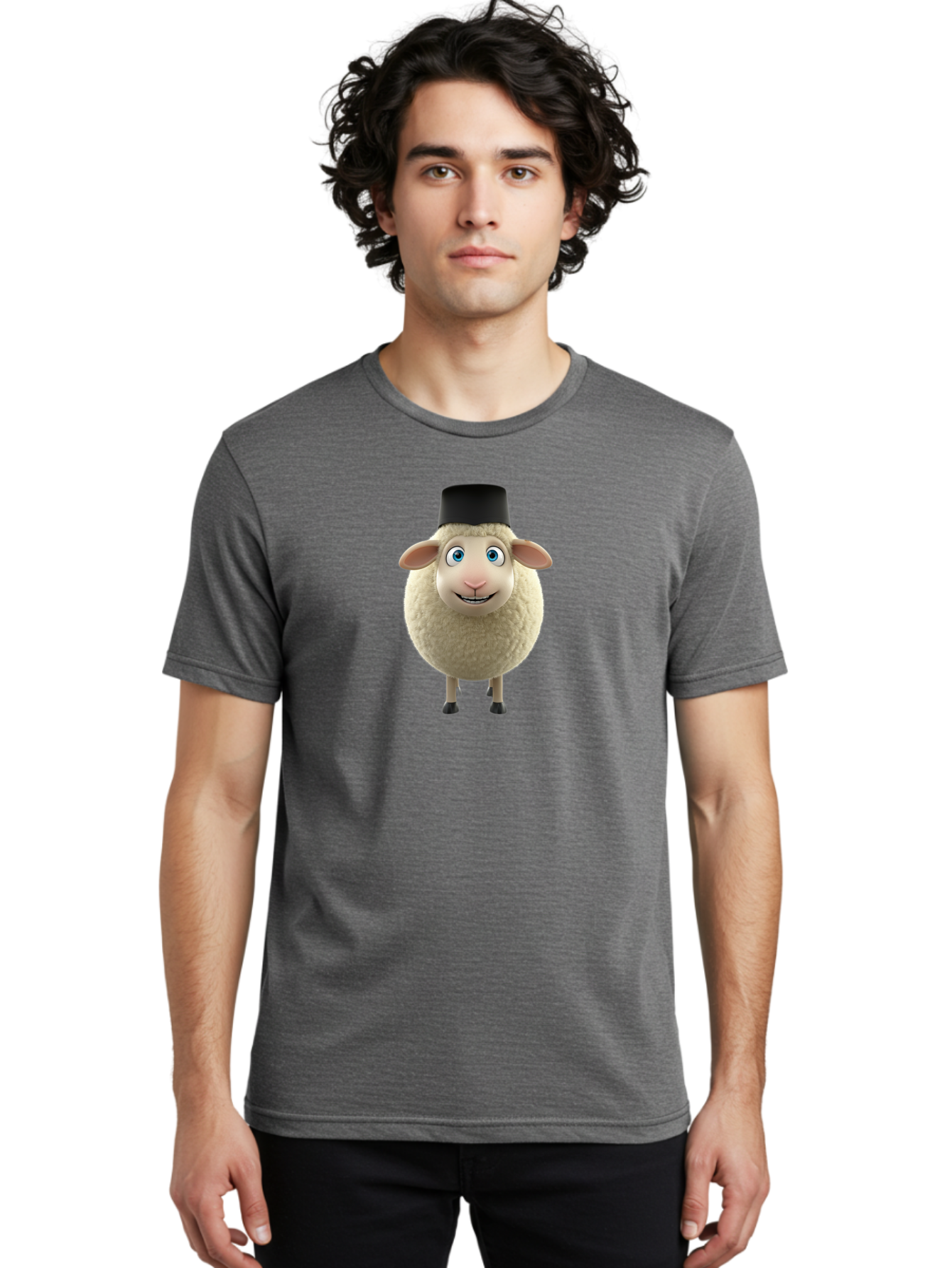Sheep-In-Top-Hat Men'S Graphic Tee, 100% Cotton, Comfortable Casual Summer Wear, Machine Washable, Cartoon Sheep, White Sheep, Fluffy Sheep, Funny Character, Animated Animal, Lovable Sheep, Sheep Character, Blue Eyes, Black Hat Bad553 27