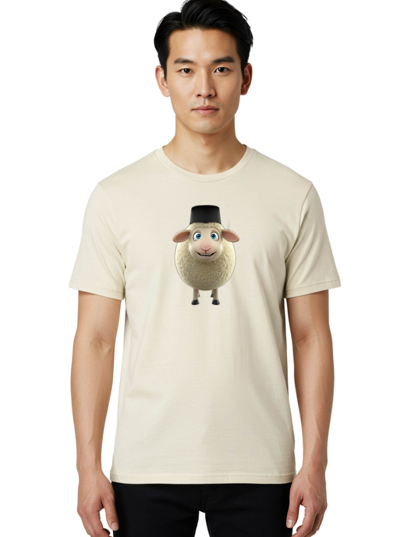 Sheep-In-Top-Hat Men'S Graphic Tee, 100% Cotton, Comfortable Casual Summer Wear, Machine Washable, Cartoon Sheep, White Sheep, Fluffy Sheep, Funny Character, Animated Animal, Lovable Sheep, Sheep Character, Blue Eyes, Black Hat Bad553 18
