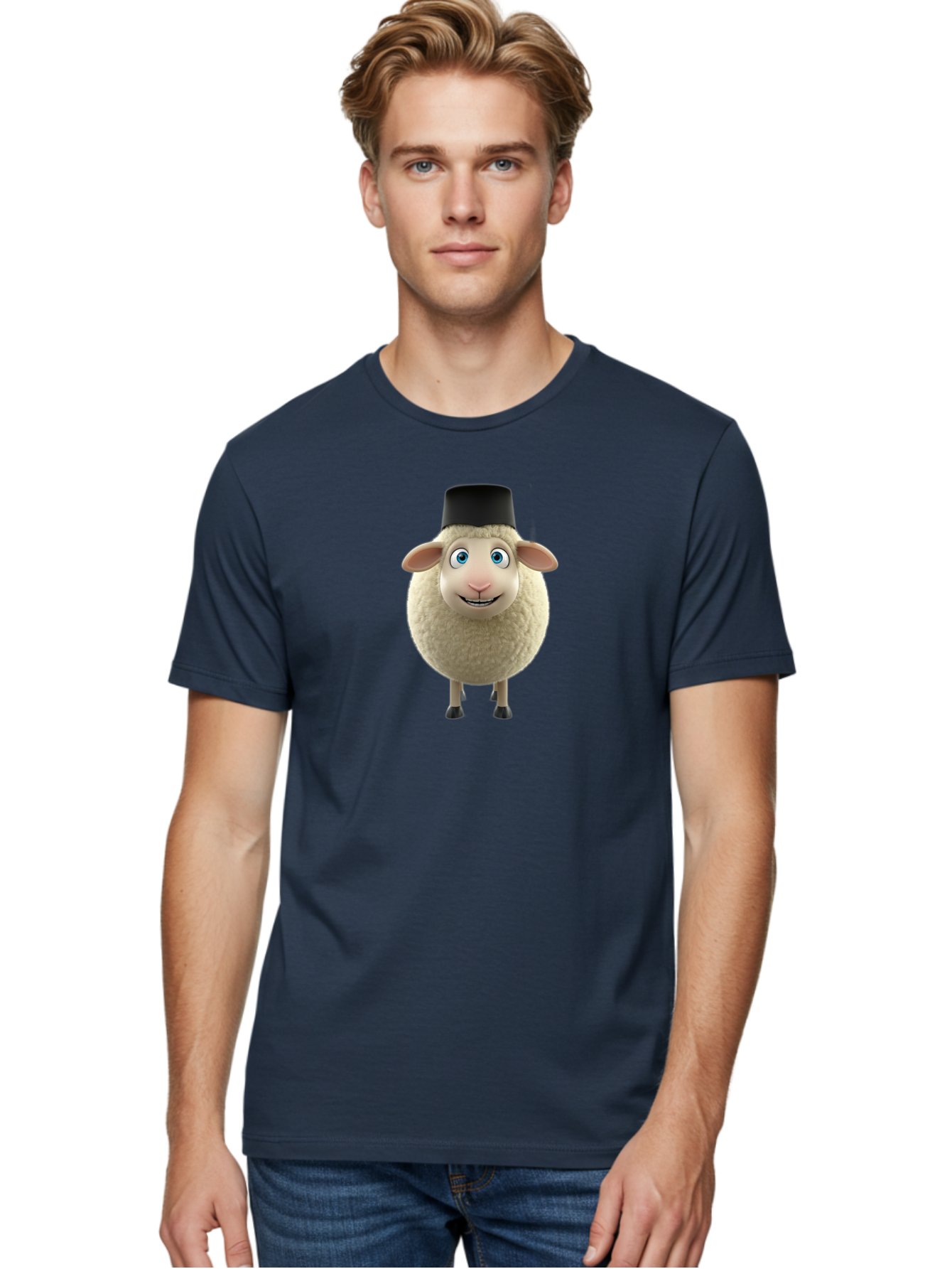 Sheep-In-Top-Hat Men'S Graphic Tee, 100% Cotton, Comfortable Casual Summer Wear, Machine Washable, Cartoon Sheep, White Sheep, Fluffy Sheep, Funny Character, Animated Animal, Lovable Sheep, Sheep Character, Blue Eyes, Black Hat Bad553 16