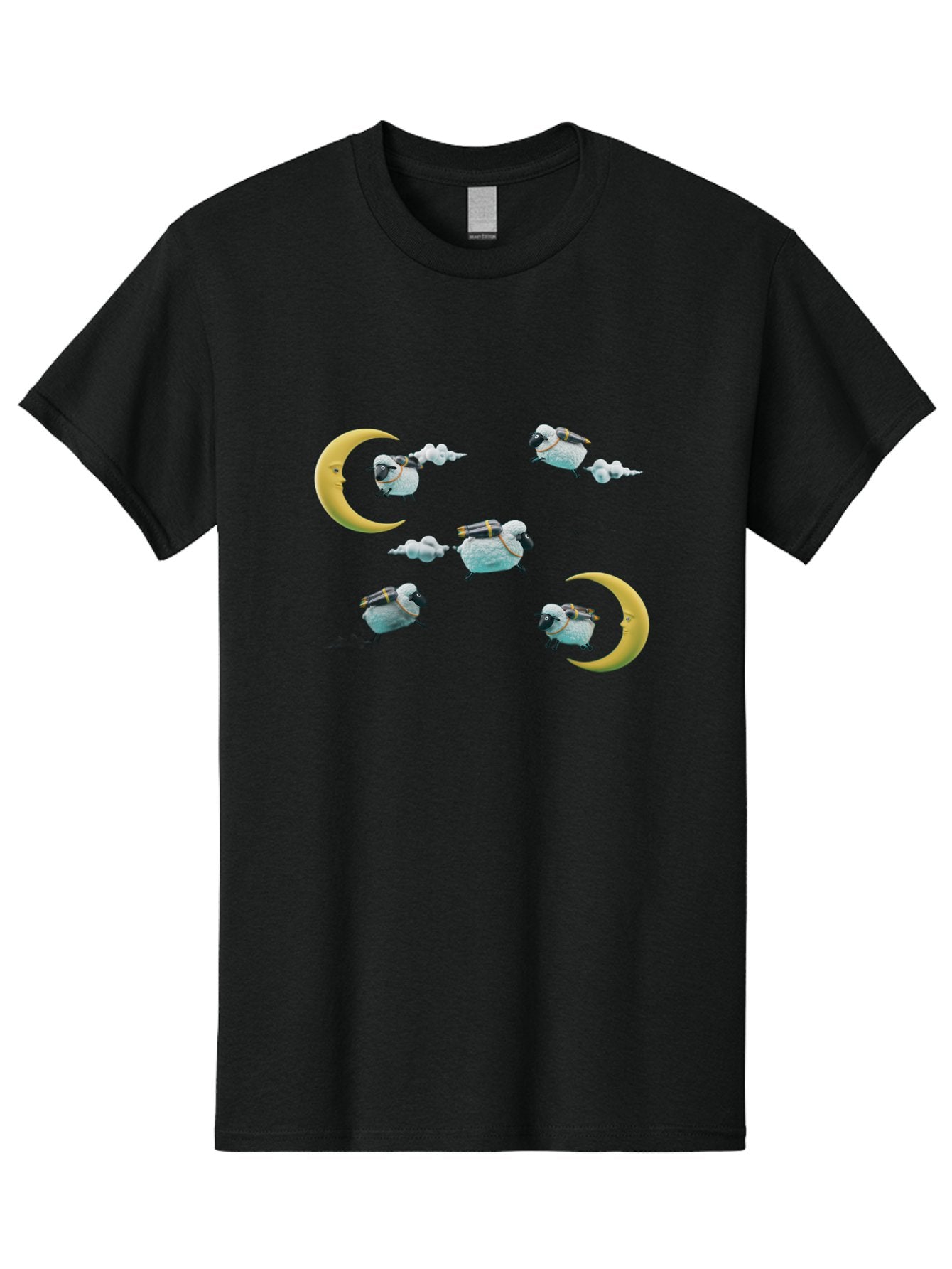 Sheep-On-Crescent-Moon-1 Men'S Graphic Tee, 100% Cotton, Comfortable Casual Summer Wear, Machine Washable, Sheep Flying On Clouds, Crescent Moon, Drums, Fun, Quirky, Cartoon Style, Fantasy Creatures, Playful Design, Dreamy Atmosphere, Bad555 13