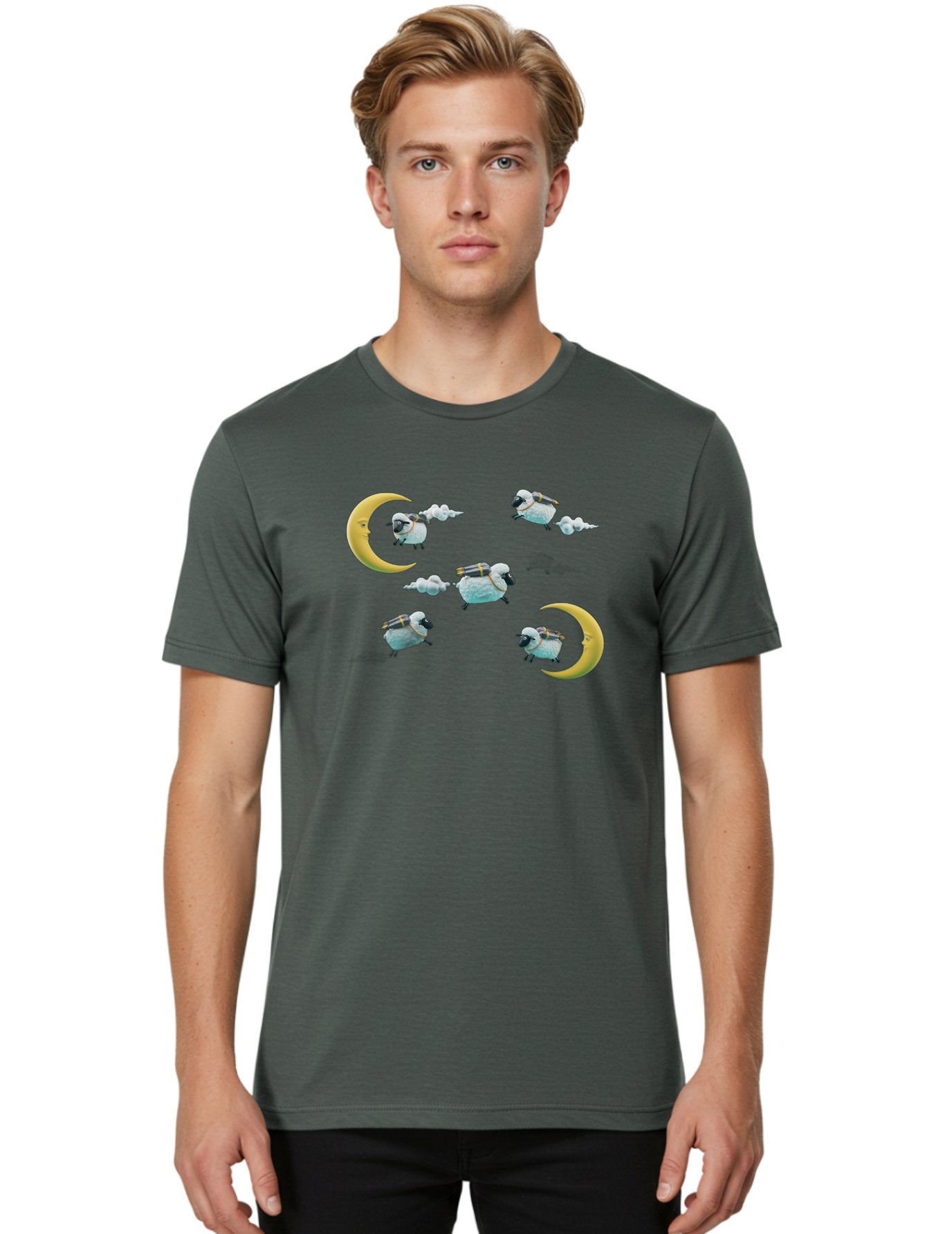 Sheep-On-Crescent-Moon-1 Men'S Graphic Tee, 100% Cotton, Comfortable Casual Summer Wear, Machine Washable, Sheep Flying On Clouds, Crescent Moon, Drums, Fun, Quirky, Cartoon Style, Fantasy Creatures, Playful Design, Dreamy Atmosphere, Bad555 19