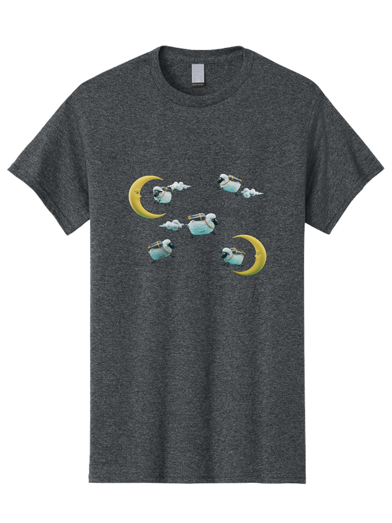 Sheep-On-Crescent-Moon-1 Men'S Graphic Tee, 100% Cotton, Comfortable Casual Summer Wear, Machine Washable, Sheep Flying On Clouds, Crescent Moon, Drums, Fun, Quirky, Cartoon Style, Fantasy Creatures, Playful Design, Dreamy Atmosphere, Bad555
