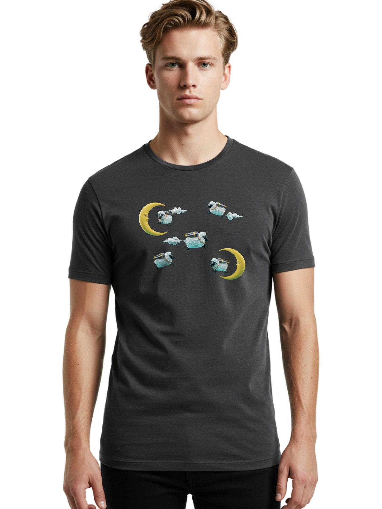 Sheep-On-Crescent-Moon-1 Men'S Graphic Tee, 100% Cotton, Comfortable Casual Summer Wear, Machine Washable, Sheep Flying On Clouds, Crescent Moon, Drums, Fun, Quirky, Cartoon Style, Fantasy Creatures, Playful Design, Dreamy Atmosphere, Bad555 21
