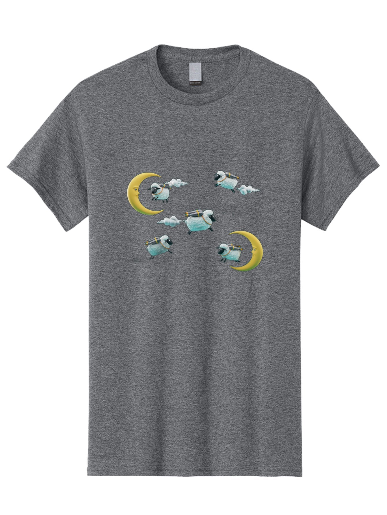 Sheep-On-Crescent-Moon-1 Men'S Graphic Tee, 100% Cotton, Comfortable Casual Summer Wear, Machine Washable, Sheep Flying On Clouds, Crescent Moon, Drums, Fun, Quirky, Cartoon Style, Fantasy Creatures, Playful Design, Dreamy Atmosphere, Bad555 5