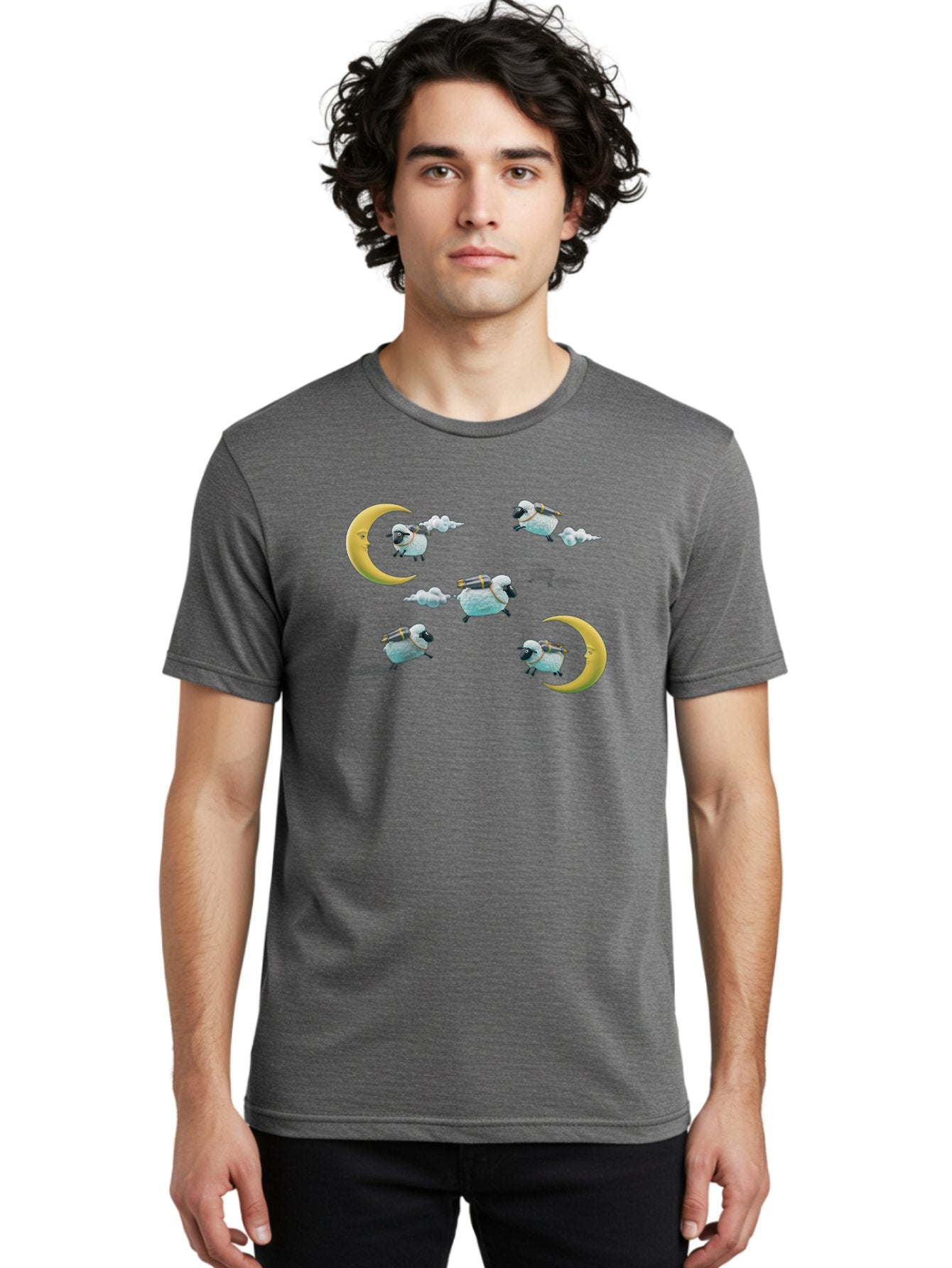 Sheep-On-Crescent-Moon-1 Men'S Graphic Tee, 100% Cotton, Comfortable Casual Summer Wear, Machine Washable, Sheep Flying On Clouds, Crescent Moon, Drums, Fun, Quirky, Cartoon Style, Fantasy Creatures, Playful Design, Dreamy Atmosphere, Bad555 23