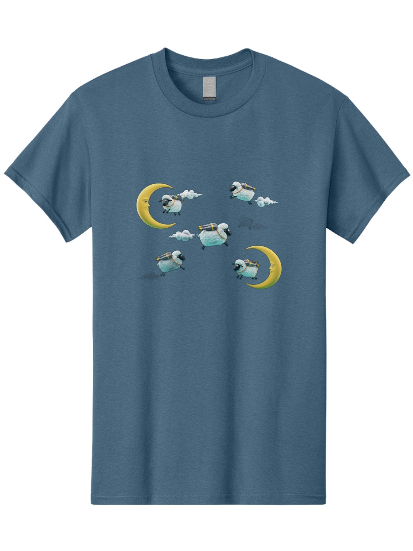 Sheep-On-Crescent-Moon-1 Men'S Graphic Tee, 100% Cotton, Comfortable Casual Summer Wear, Machine Washable, Sheep Flying On Clouds, Crescent Moon, Drums, Fun, Quirky, Cartoon Style, Fantasy Creatures, Playful Design, Dreamy Atmosphere, Bad555 6