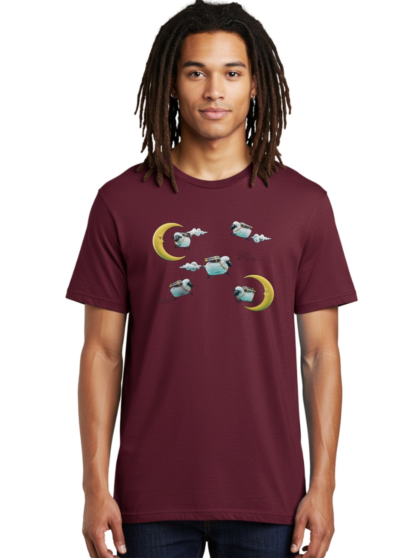 Sheep-On-Crescent-Moon-1 Men'S Graphic Tee, 100% Cotton, Comfortable Casual Summer Wear, Machine Washable, Sheep Flying On Clouds, Crescent Moon, Drums, Fun, Quirky, Cartoon Style, Fantasy Creatures, Playful Design, Dreamy Atmosphere, Bad555 26