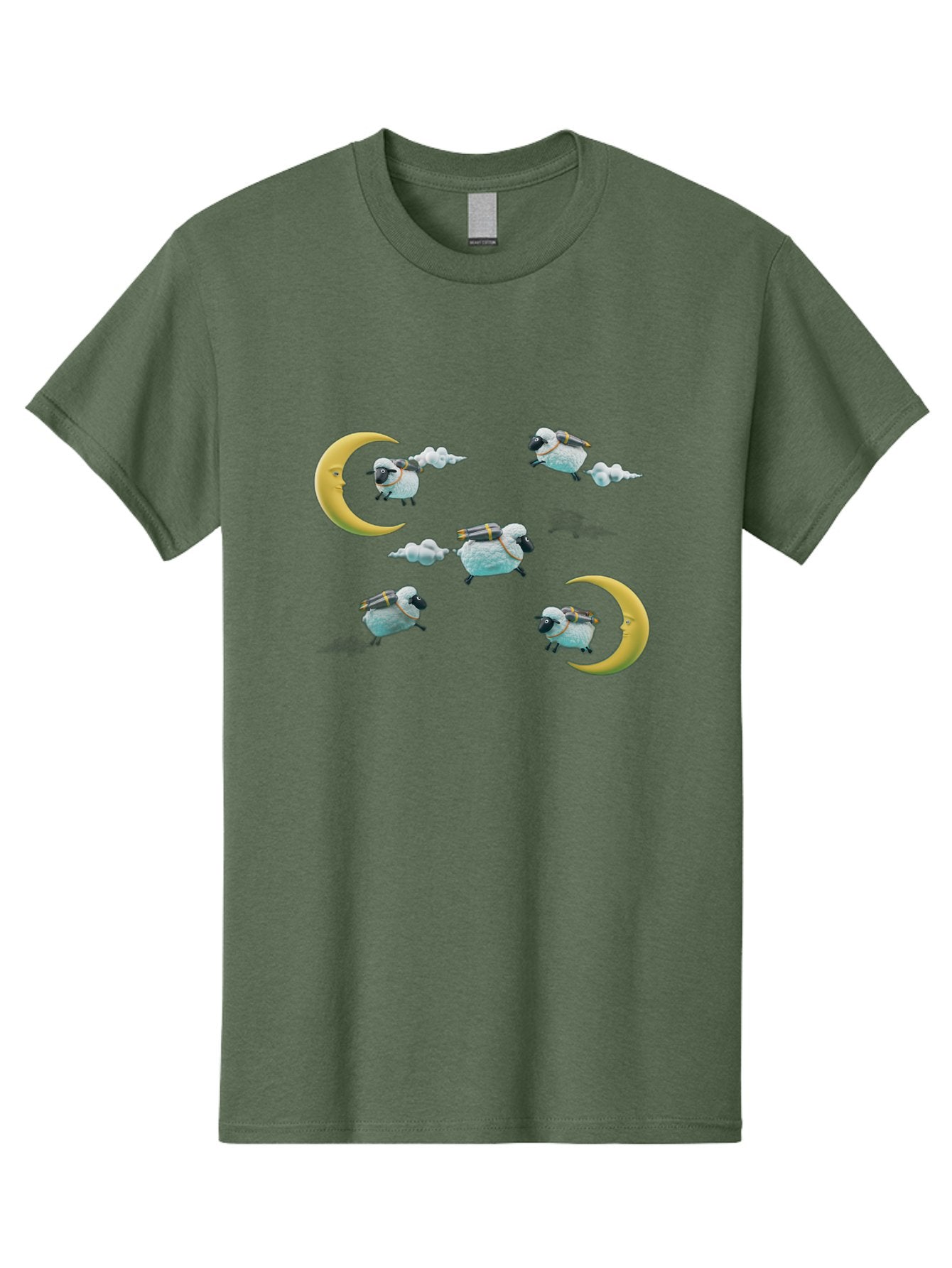 Sheep-On-Crescent-Moon-1 Men'S Graphic Tee, 100% Cotton, Comfortable Casual Summer Wear, Machine Washable, Sheep Flying On Clouds, Crescent Moon, Drums, Fun, Quirky, Cartoon Style, Fantasy Creatures, Playful Design, Dreamy Atmosphere, Bad555 11