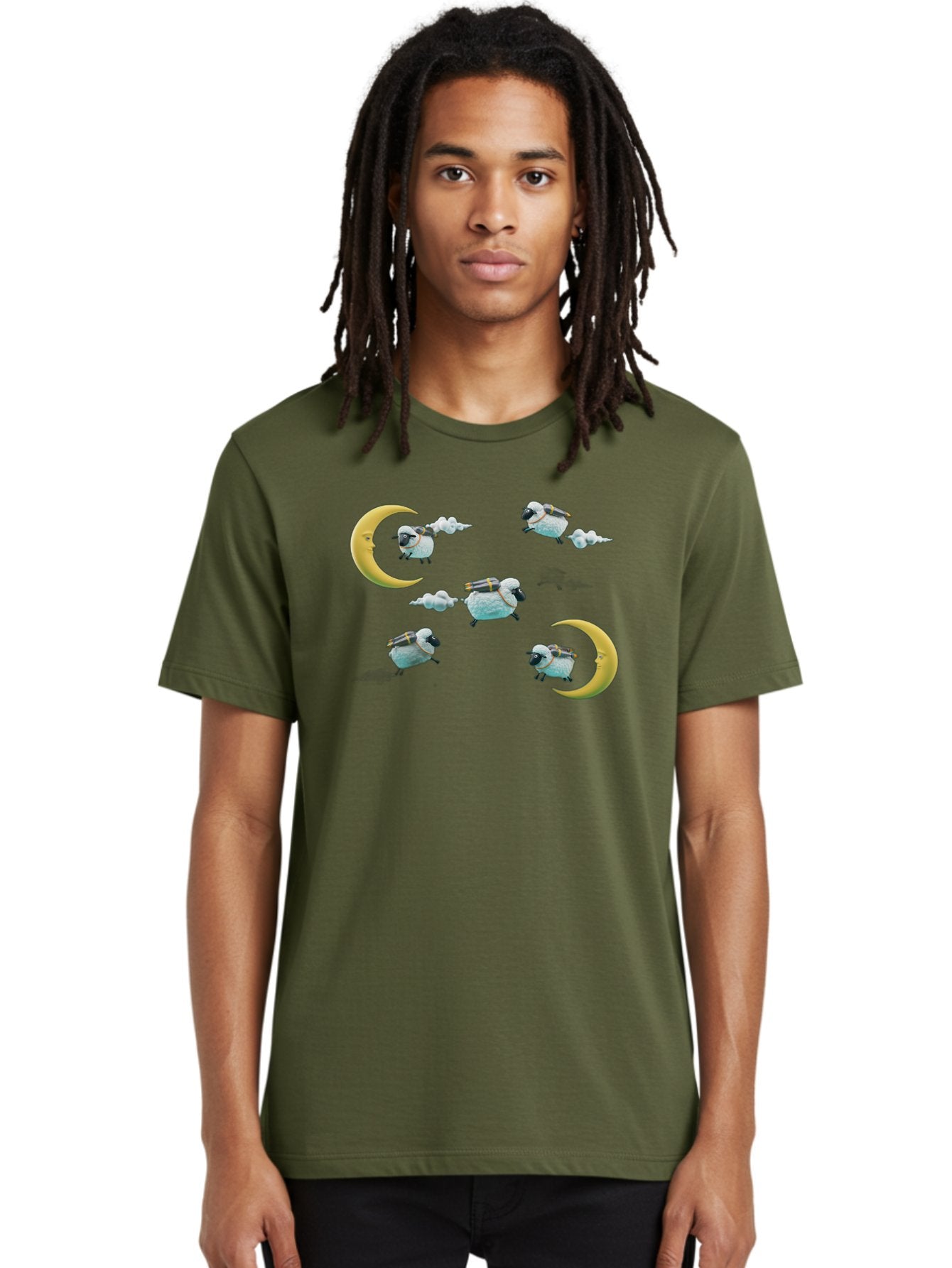 Sheep-On-Crescent-Moon-1 Men'S Graphic Tee, 100% Cotton, Comfortable Casual Summer Wear, Machine Washable, Sheep Flying On Clouds, Crescent Moon, Drums, Fun, Quirky, Cartoon Style, Fantasy Creatures, Playful Design, Dreamy Atmosphere, Bad555 27