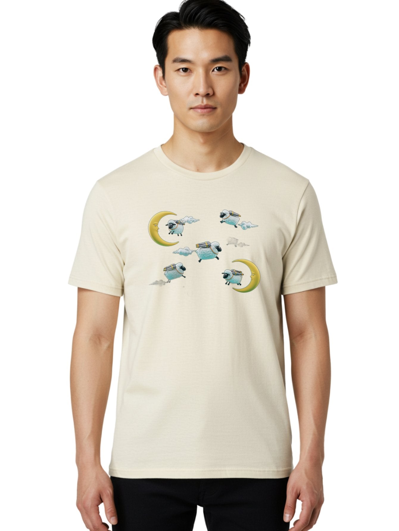 Sheep-On-Crescent-Moon-1 Men'S Graphic Tee, 100% Cotton, Comfortable Casual Summer Wear, Machine Washable, Sheep Flying On Clouds, Crescent Moon, Drums, Fun, Quirky, Cartoon Style, Fantasy Creatures, Playful Design, Dreamy Atmosphere, Bad555 16