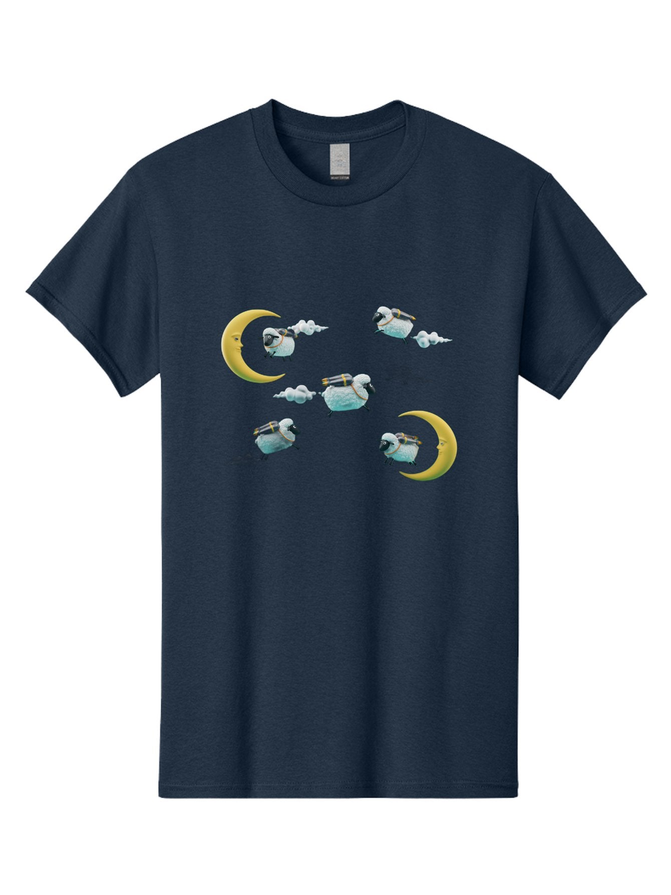 Sheep-On-Crescent-Moon-1 Men'S Graphic Tee, 100% Cotton, Comfortable Casual Summer Wear, Machine Washable, Sheep Flying On Clouds, Crescent Moon, Drums, Fun, Quirky, Cartoon Style, Fantasy Creatures, Playful Design, Dreamy Atmosphere, Bad555 3