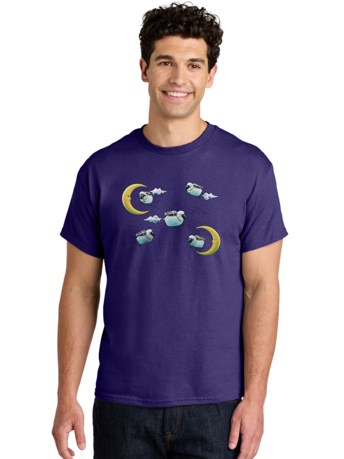 Sheep-On-Crescent-Moon-1 Men'S Graphic Tee, 100% Cotton, Comfortable Casual Summer Wear, Machine Washable, Sheep Flying On Clouds, Crescent Moon, Drums, Fun, Quirky, Cartoon Style, Fantasy Creatures, Playful Design, Dreamy Atmosphere, Bad555 25