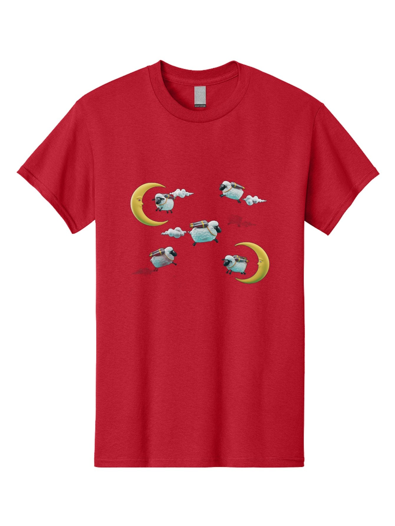 Sheep-On-Crescent-Moon-1 Men'S Graphic Tee, 100% Cotton, Comfortable Casual Summer Wear, Machine Washable, Sheep Flying On Clouds, Crescent Moon, Drums, Fun, Quirky, Cartoon Style, Fantasy Creatures, Playful Design, Dreamy Atmosphere, Bad555 14