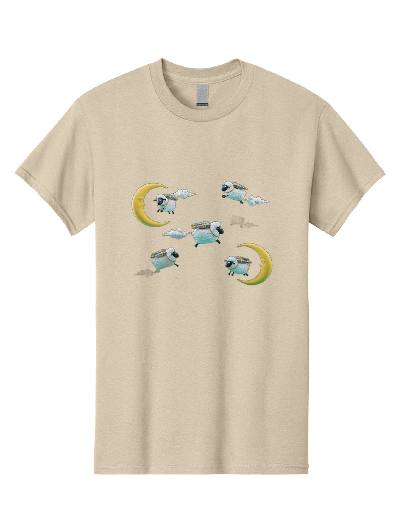 Sheep-On-Crescent-Moon-1 Men'S Graphic Tee, 100% Cotton, Comfortable Casual Summer Wear, Machine Washable, Sheep Flying On Clouds, Crescent Moon, Drums, Fun, Quirky, Cartoon Style, Fantasy Creatures, Playful Design, Dreamy Atmosphere, Bad555 10