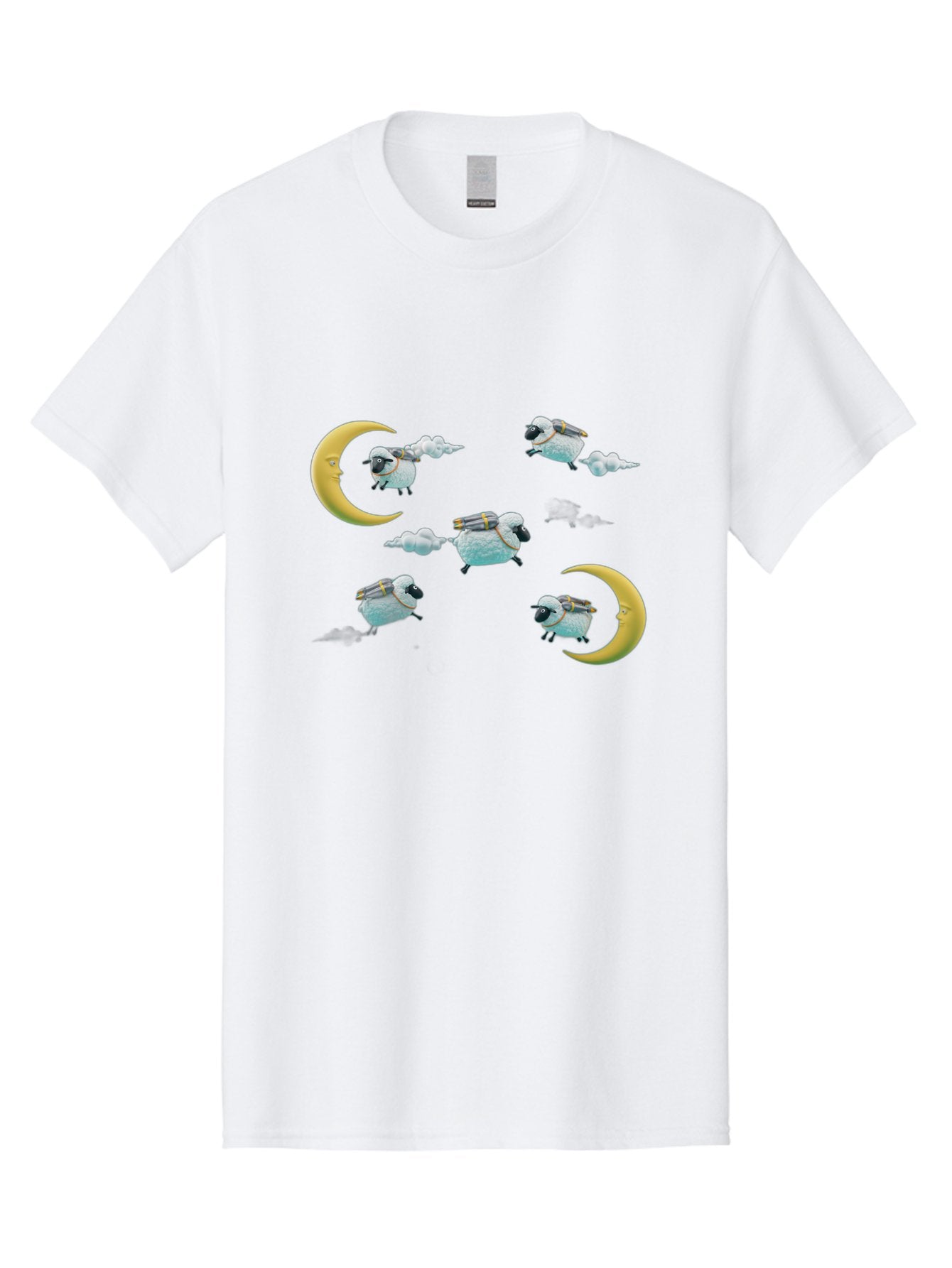 Sheep-On-Crescent-Moon-1 Men'S Graphic Tee, 100% Cotton, Comfortable Casual Summer Wear, Machine Washable, Sheep Flying On Clouds, Crescent Moon, Drums, Fun, Quirky, Cartoon Style, Fantasy Creatures, Playful Design, Dreamy Atmosphere, Bad555 12
