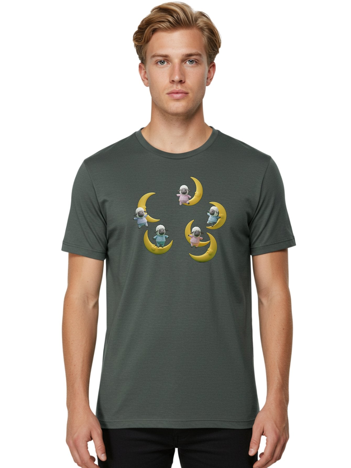 Sheep-On-Crescent-Moon Men'S Graphic Tee, 100% Cotton, Comfortable Casual Summer Wear, Machine Washable, Sheep On Crescent Moon, Cute Sheep, Whimsical Illustration, Playful Design, Childrens Art, Fantasy Scene, Dreamy Atmosphere, Pastel Colors Bad556 16