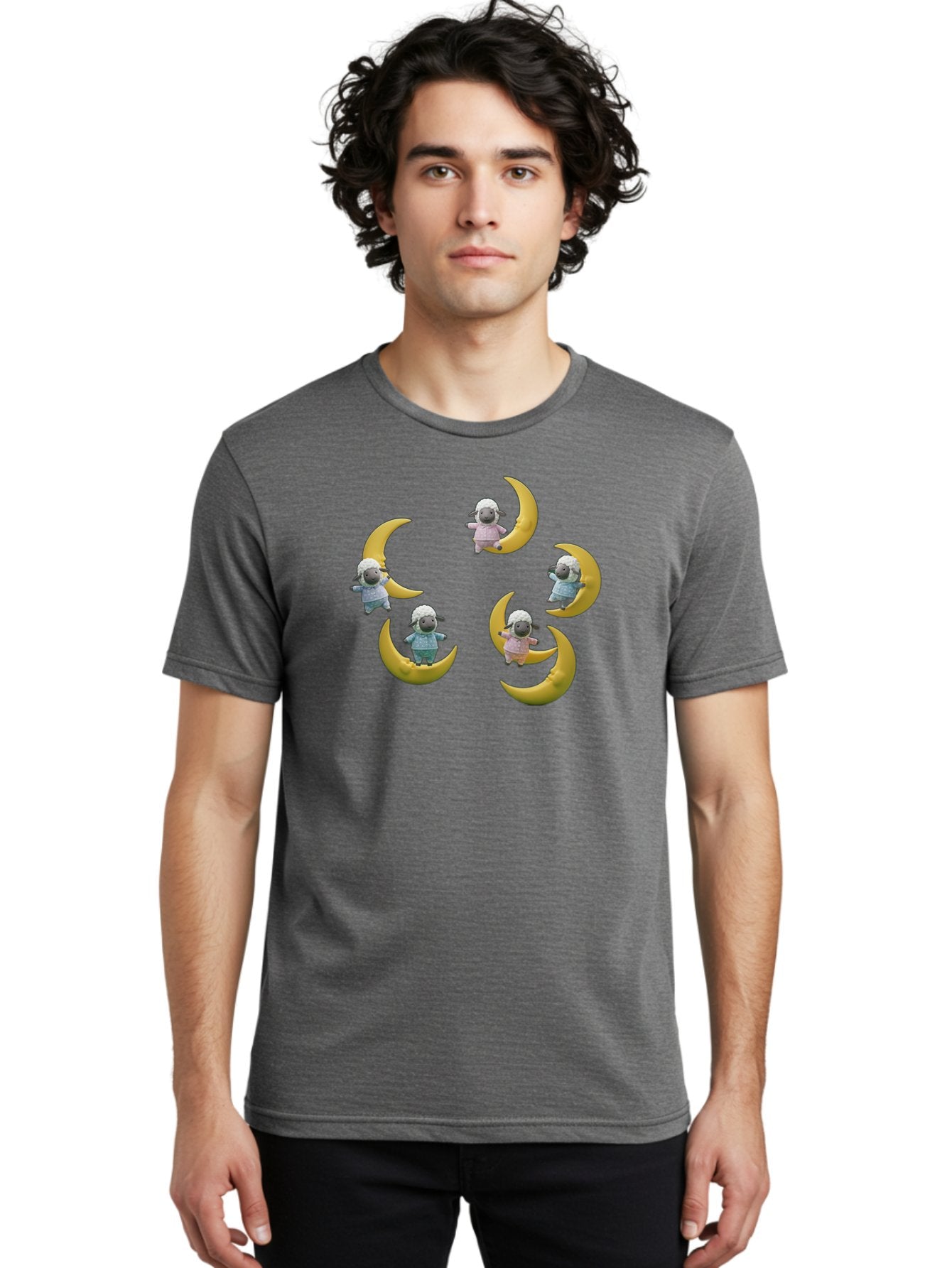 Sheep-On-Crescent-Moon Men'S Graphic Tee, 100% Cotton, Comfortable Casual Summer Wear, Machine Washable, Sheep On Crescent Moon, Cute Sheep, Whimsical Illustration, Playful Design, Childrens Art, Fantasy Scene, Dreamy Atmosphere, Pastel Colors Bad556 30