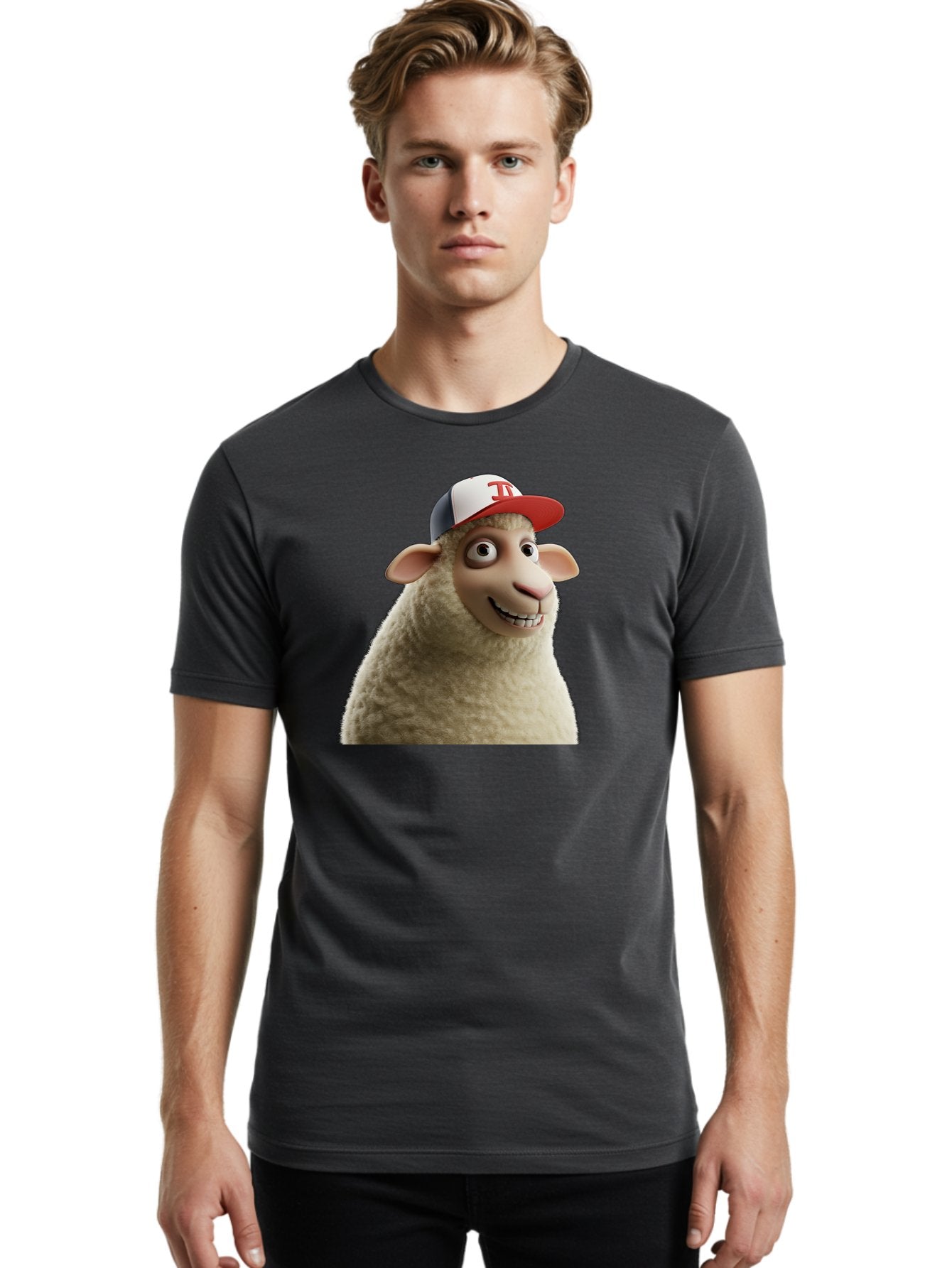 Sheep-Wearing-Baseball-Cap Men'S Graphic Tee, 100% Cotton, Comfortable Casual Summer Wear, Machine Washable, Cartoon Sheep, Sheep Character, Funny Animal, Comedic Cartoon, Baseball Cap, Animated Animal, Humorous Character, White Sheep, Tj Logo Bad558 25