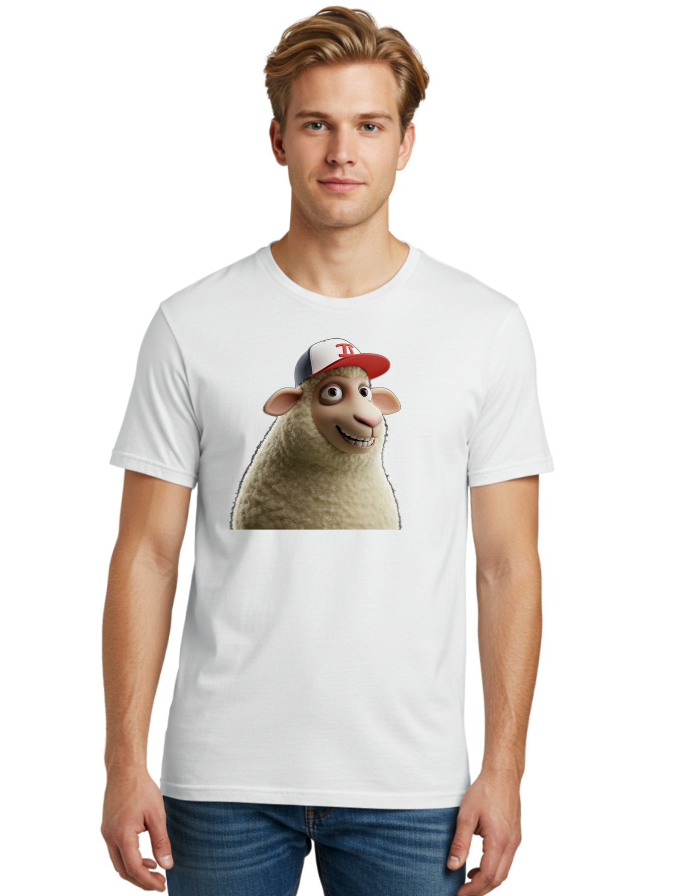 Sheep-Wearing-Baseball-Cap Men'S Graphic Tee, 100% Cotton, Comfortable Casual Summer Wear, Machine Washable, Cartoon Sheep, Sheep Character, Funny Animal, Comedic Cartoon, Baseball Cap, Animated Animal, Humorous Character, White Sheep, Tj Logo Bad558 28