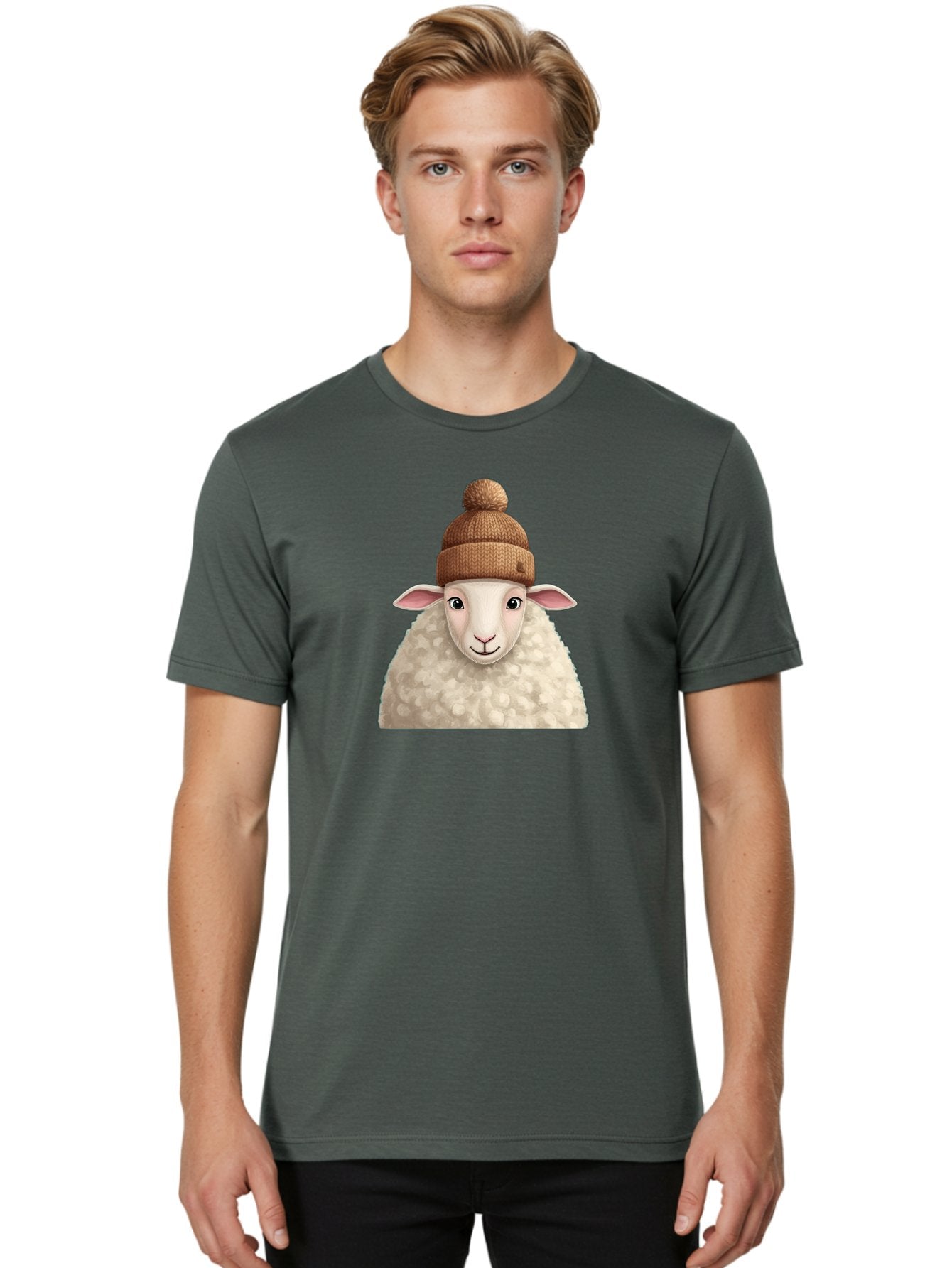 Sheep-With-Beanie Men'S Graphic Tee, 100% Cotton, Comfortable Casual Summer Wear, Machine Washable, Cartoon Sheep, Fluffy Sheep, Sheep Wearing Beanie, Winter Accessories, Cute Animal, Sheep Character, Playful Illustration, Sheep In Hat Bad559 25
