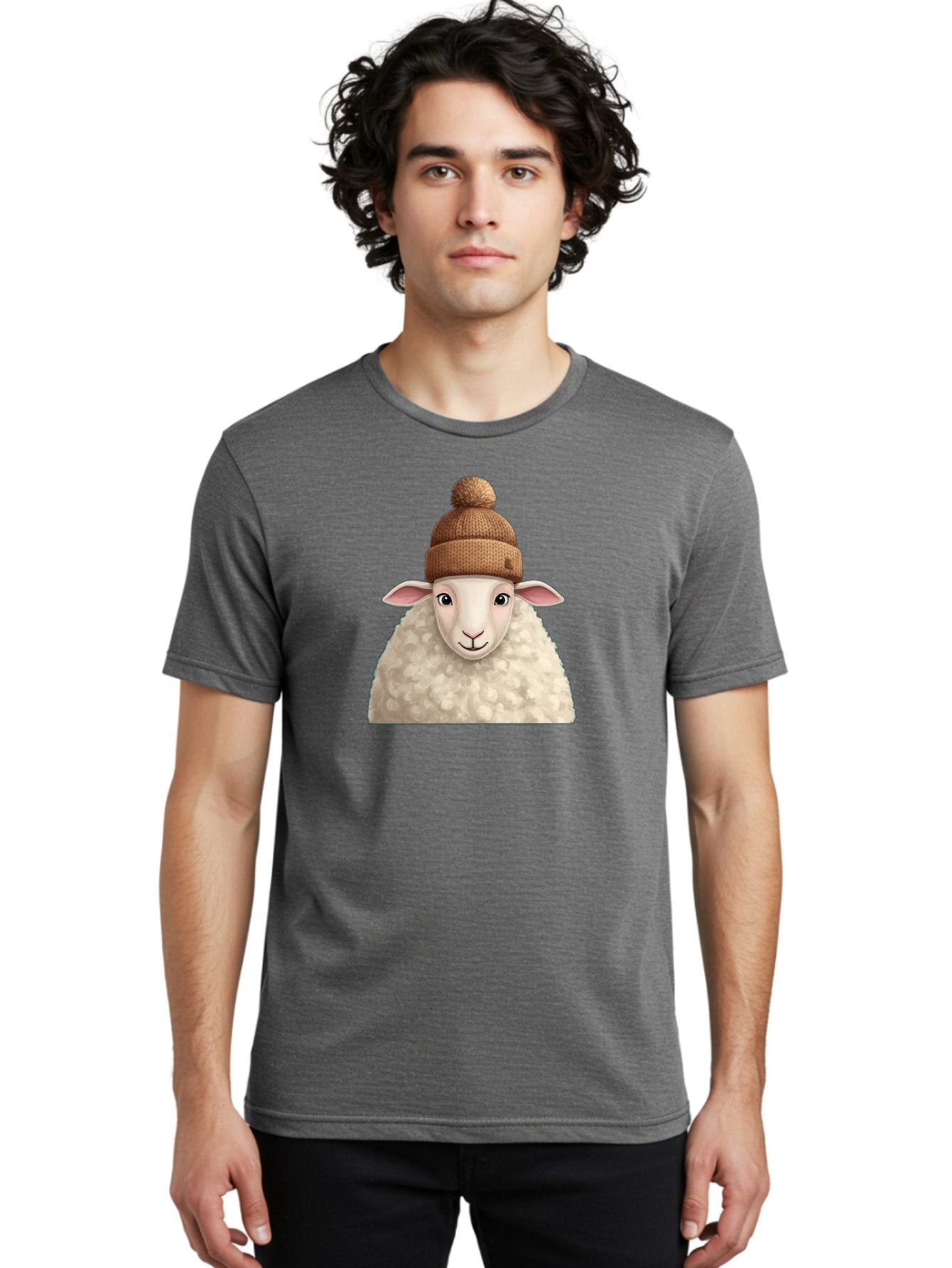 Sheep-With-Beanie Men'S Graphic Tee, 100% Cotton, Comfortable Casual Summer Wear, Machine Washable, Cartoon Sheep, Fluffy Sheep, Sheep Wearing Beanie, Winter Accessories, Cute Animal, Sheep Character, Playful Illustration, Sheep In Hat Bad559 19