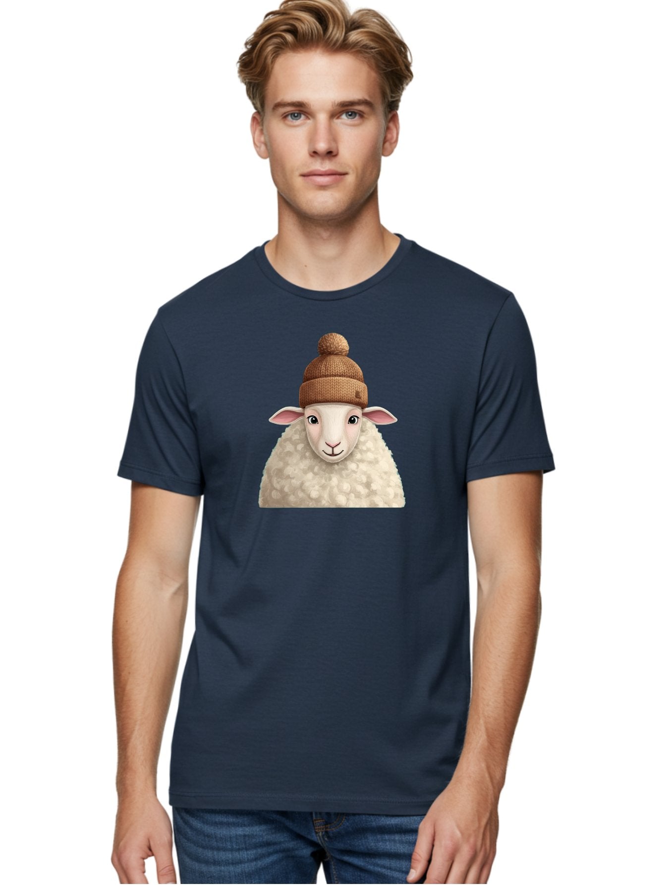 Sheep-With-Beanie Men'S Graphic Tee, 100% Cotton, Comfortable Casual Summer Wear, Machine Washable, Cartoon Sheep, Fluffy Sheep, Sheep Wearing Beanie, Winter Accessories, Cute Animal, Sheep Character, Playful Illustration, Sheep In Hat Bad559 18