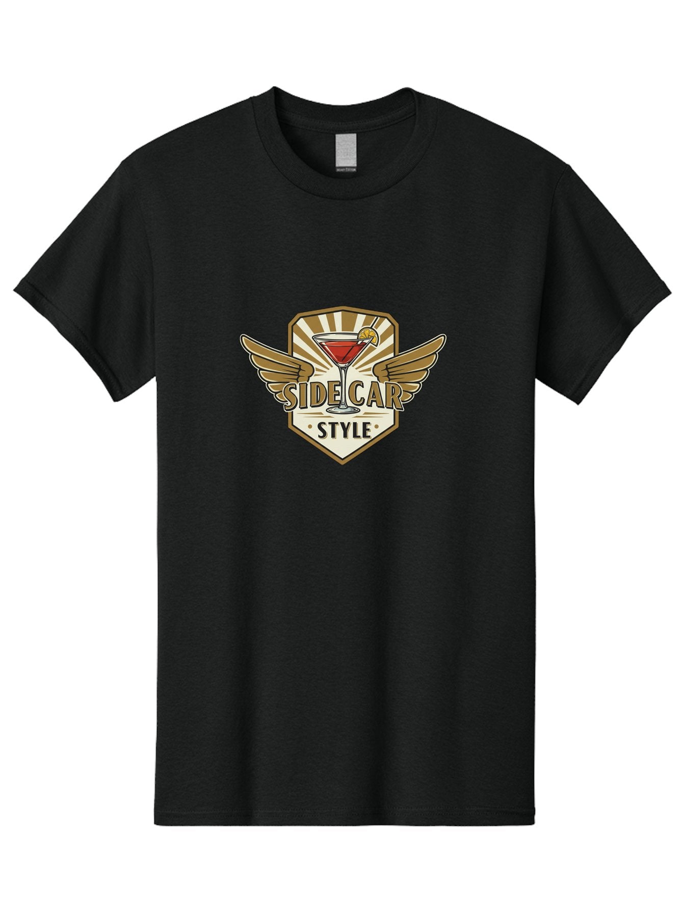 Side-Car-Style Men'S Graphic Tee, 100% Cotton, Comfortable Casual Summer Wear, Machine Washable, Martini Glass, Cocktail Drink, Lemon Slice, Wing Design, Emblem Logo, Vintage Style, Luxury Feel, Barware, Gold Accents, Classic Cocktail Bad564 11